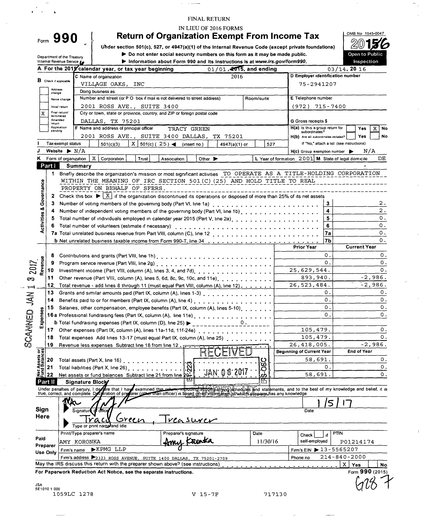 Image of first page of 2015 Form 990O for Village Oaks