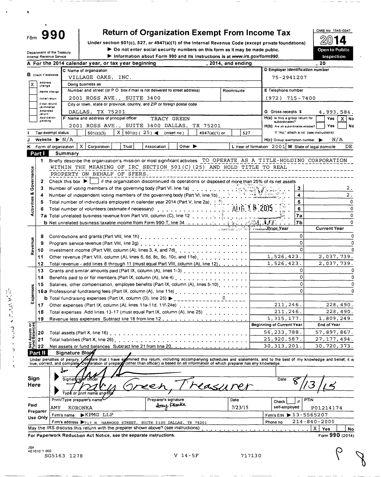 Image of first page of 2014 Form 990O for Village Oaks