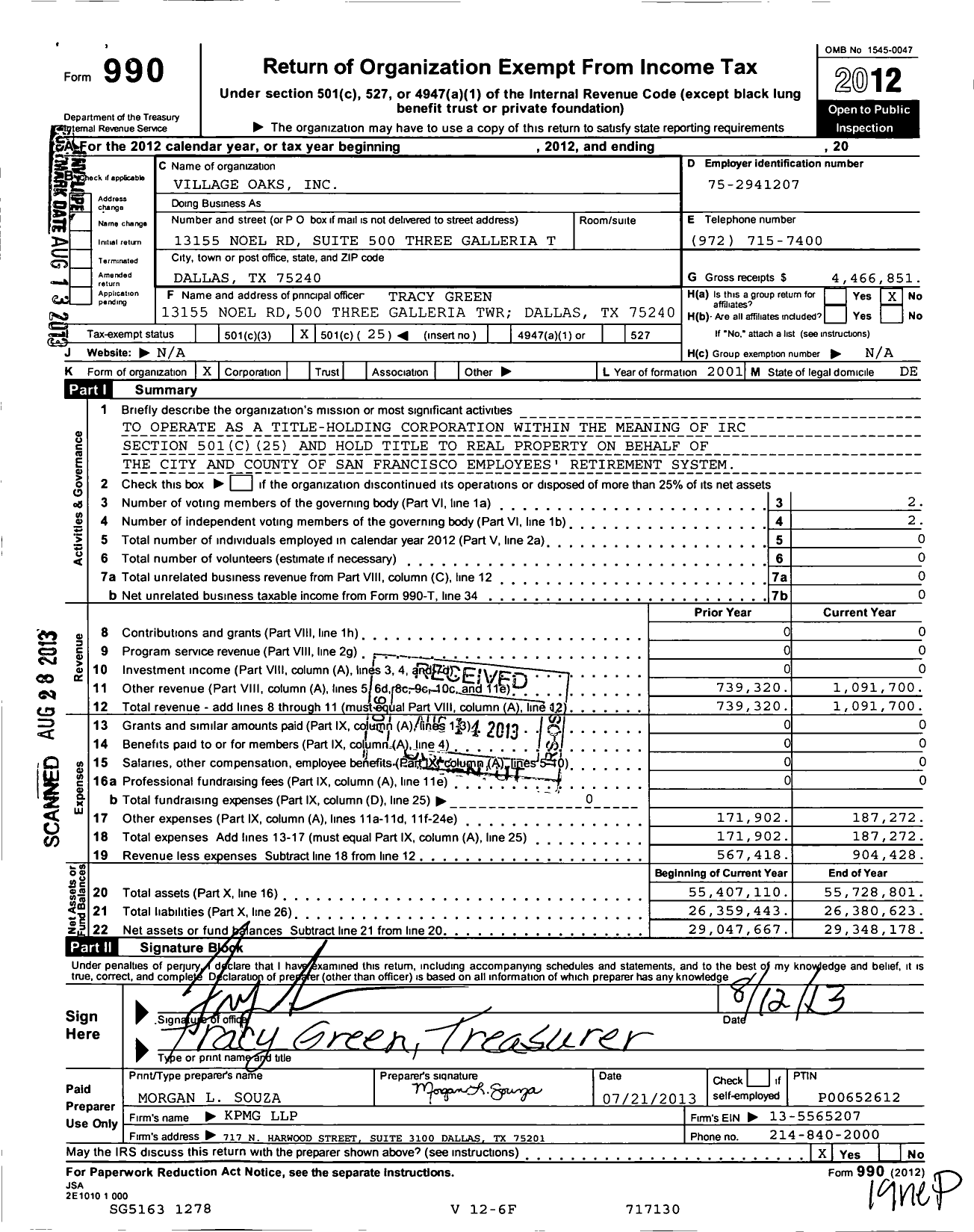 Image of first page of 2012 Form 990O for Village Oaks