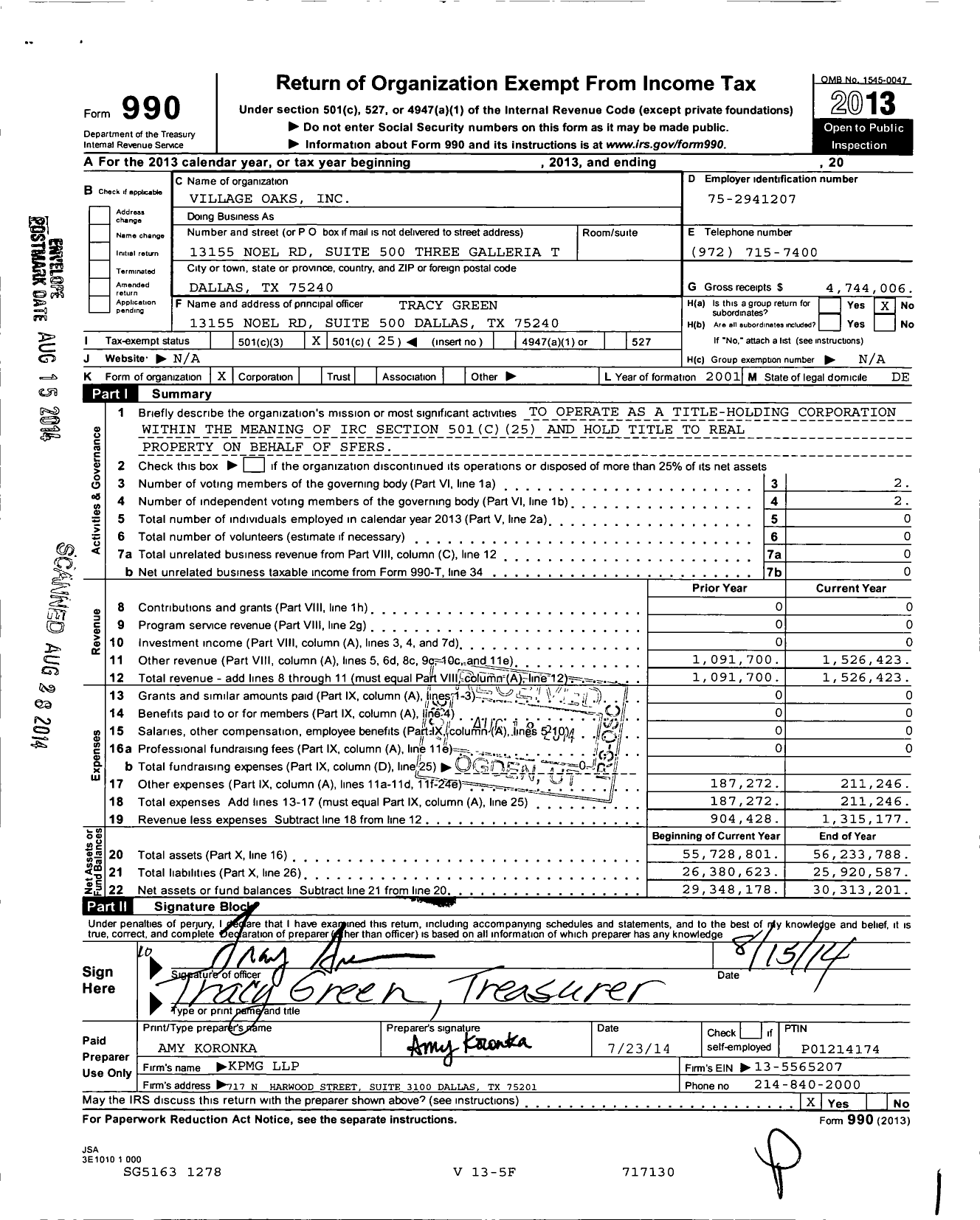 Image of first page of 2013 Form 990O for Village Oaks