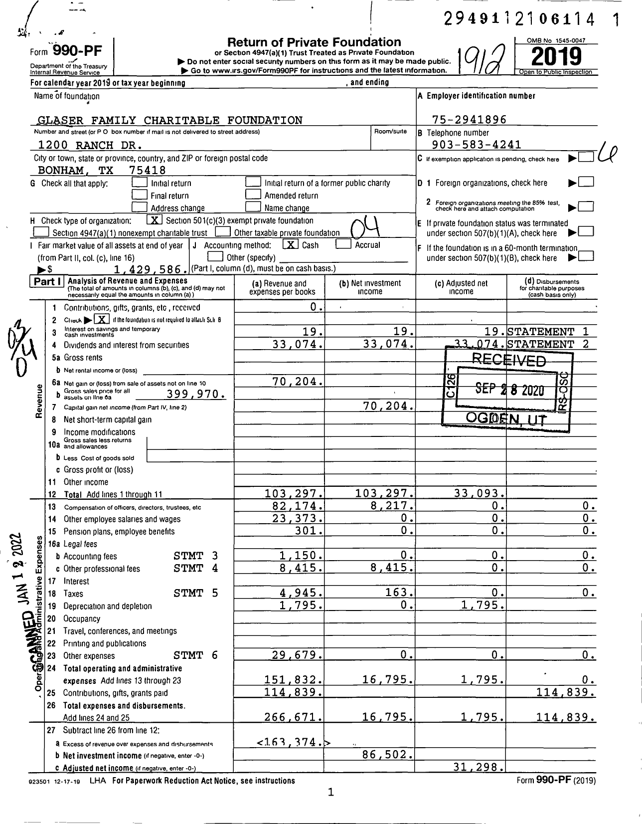 Image of first page of 2019 Form 990PF for Glaser Family Charitable Foundation