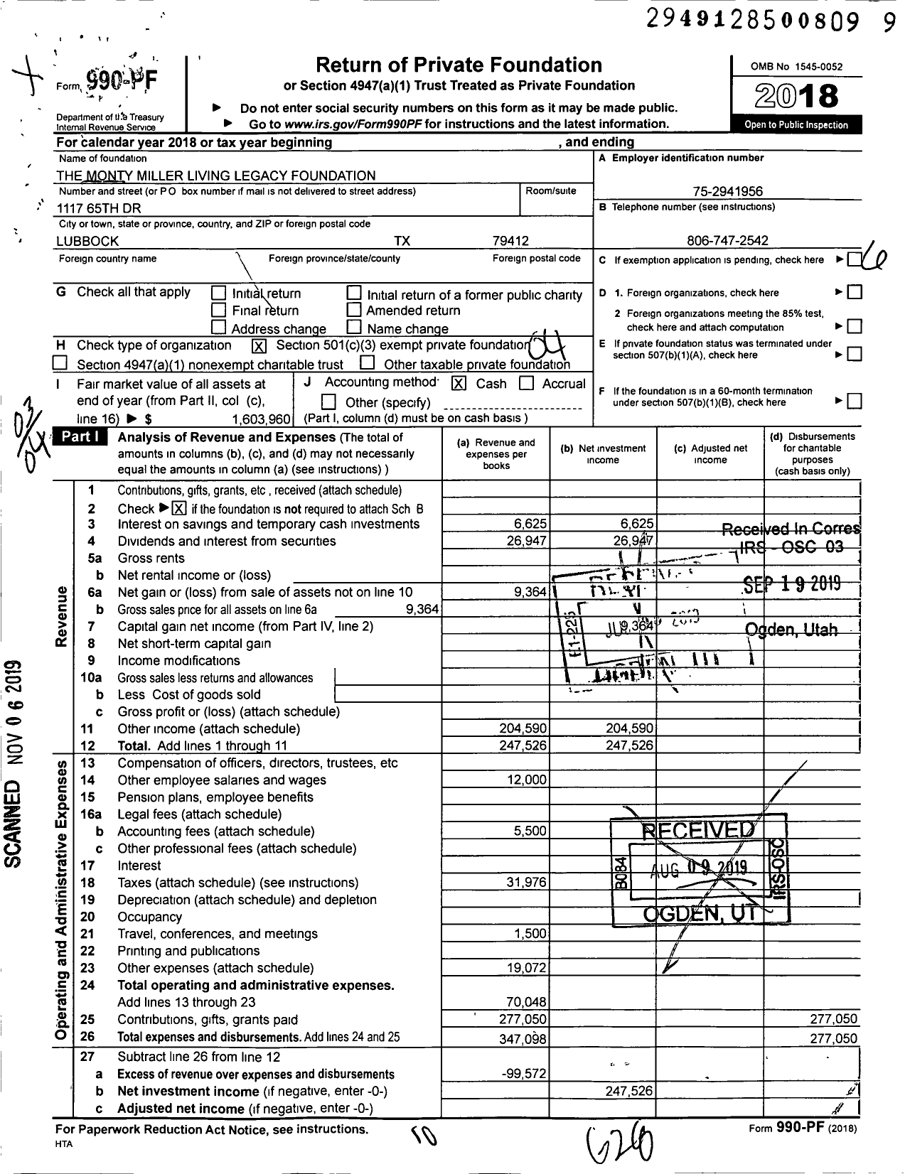Image of first page of 2018 Form 990PF for The Monty Miller Living Legacy Foundation