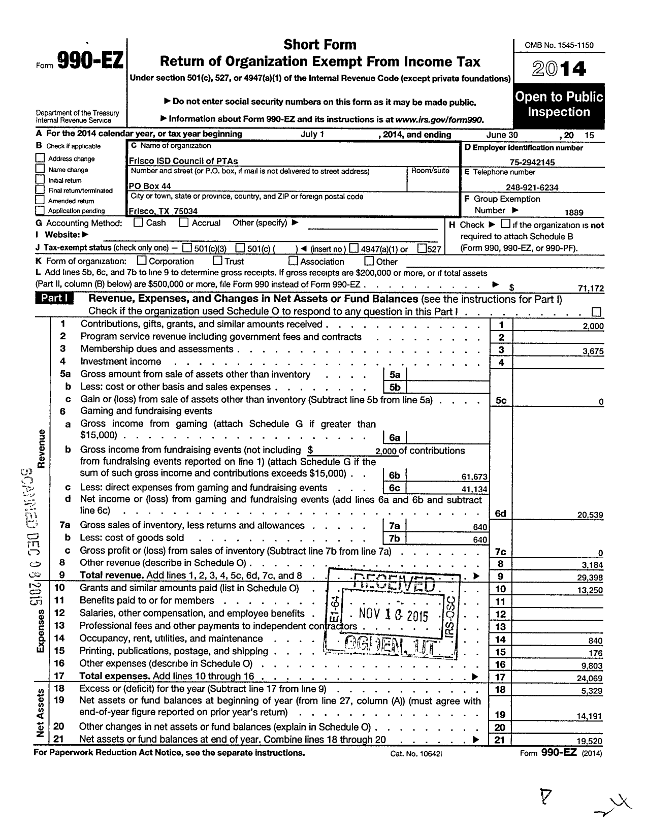 Image of first page of 2014 Form 990EO for TEXAS PTA - Frisco ISD Council of PTAs