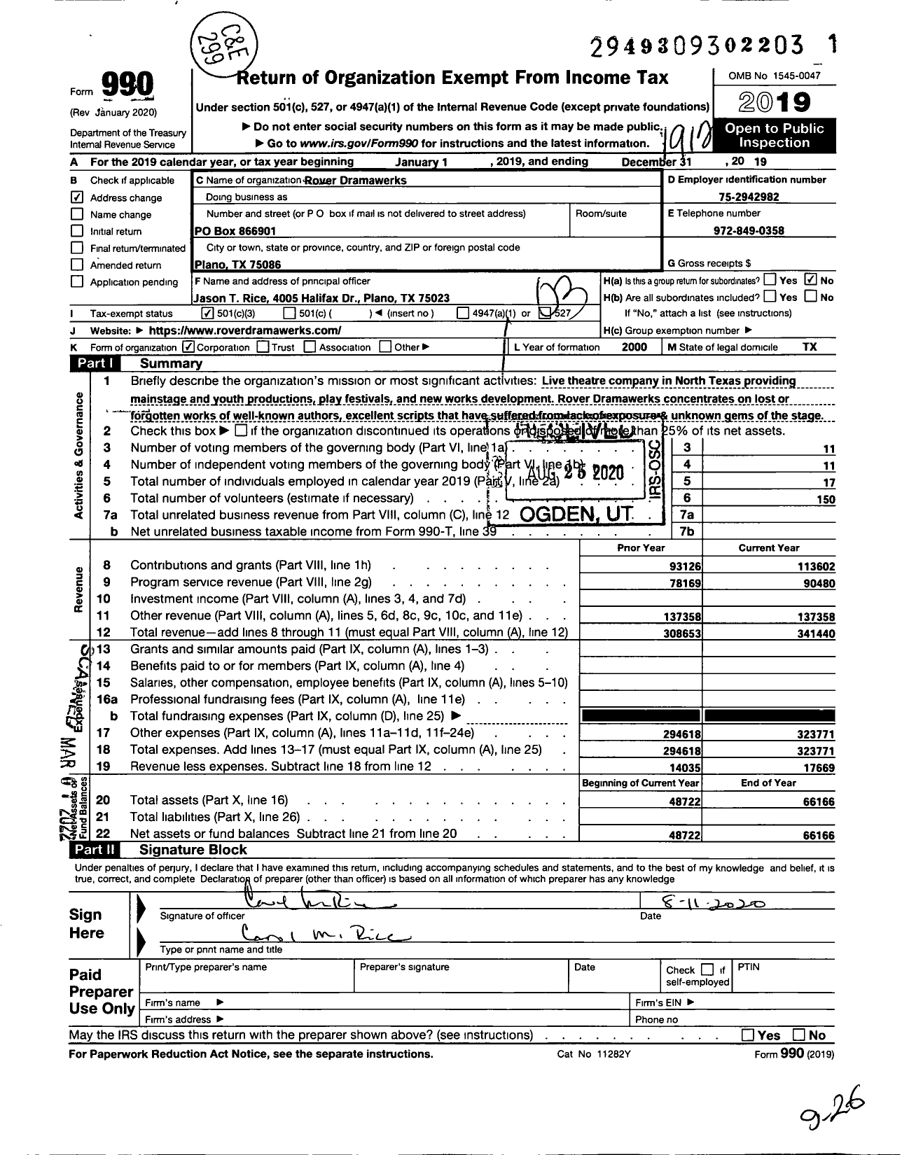 Image of first page of 2019 Form 990 for Rover Dramawerks