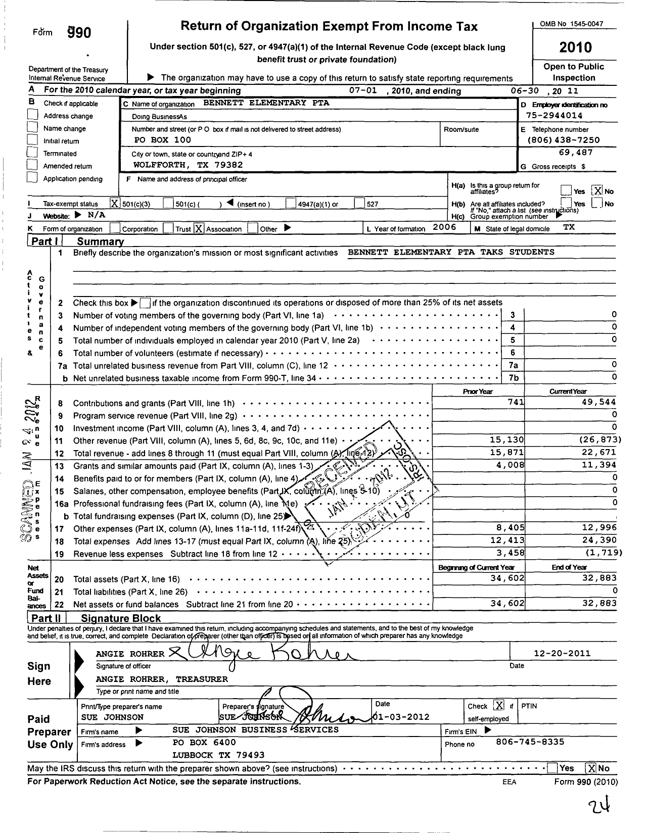 Image of first page of 2010 Form 990 for Texas PTA - Bennett Elementary PTA