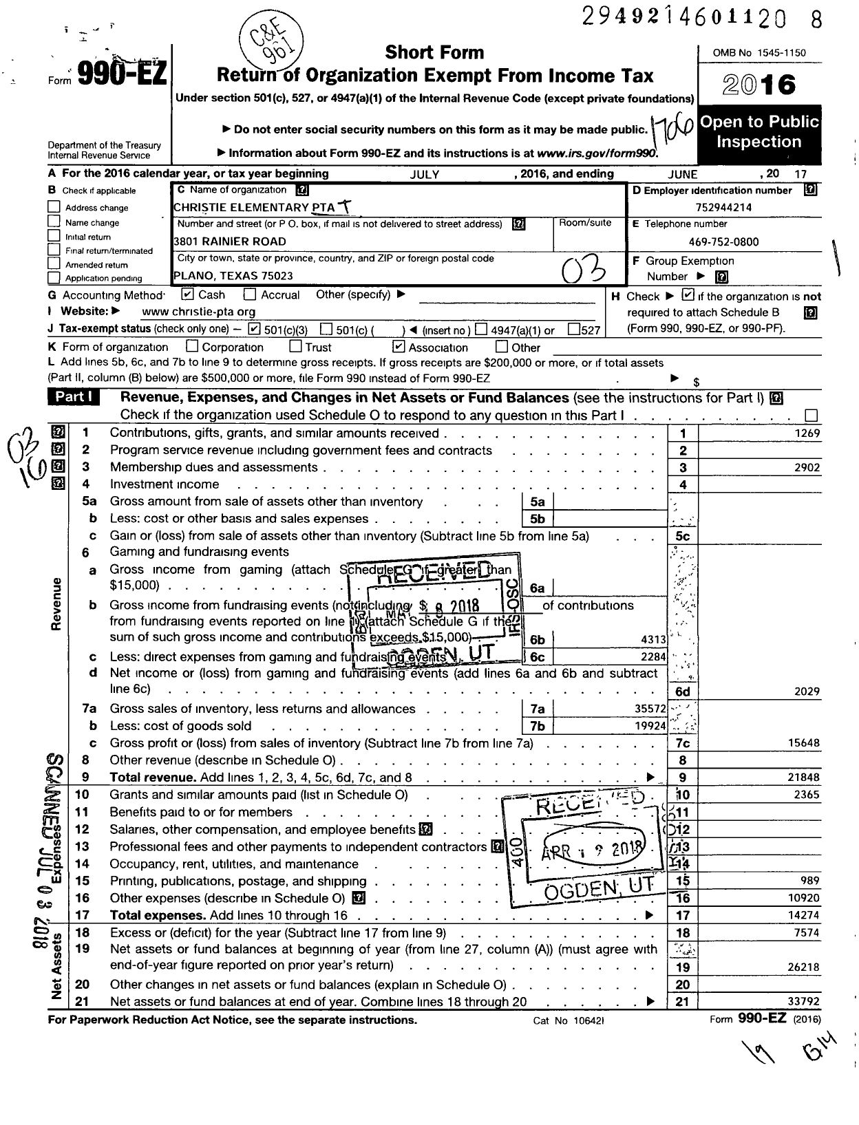 Image of first page of 2016 Form 990EZ for Texas PTA - 10125 Christie Elementary School