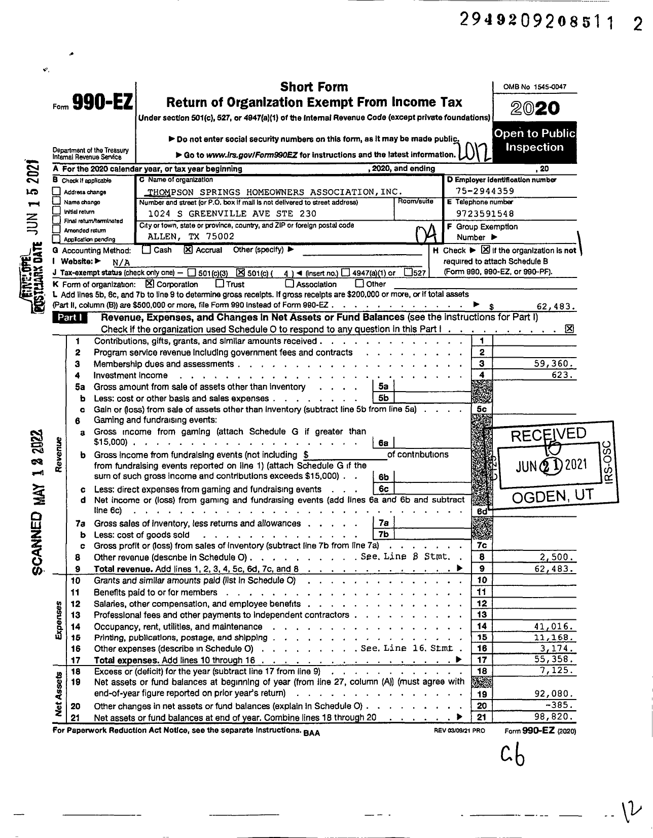 Image of first page of 2020 Form 990EO for Thompson Springs Homeowners Association