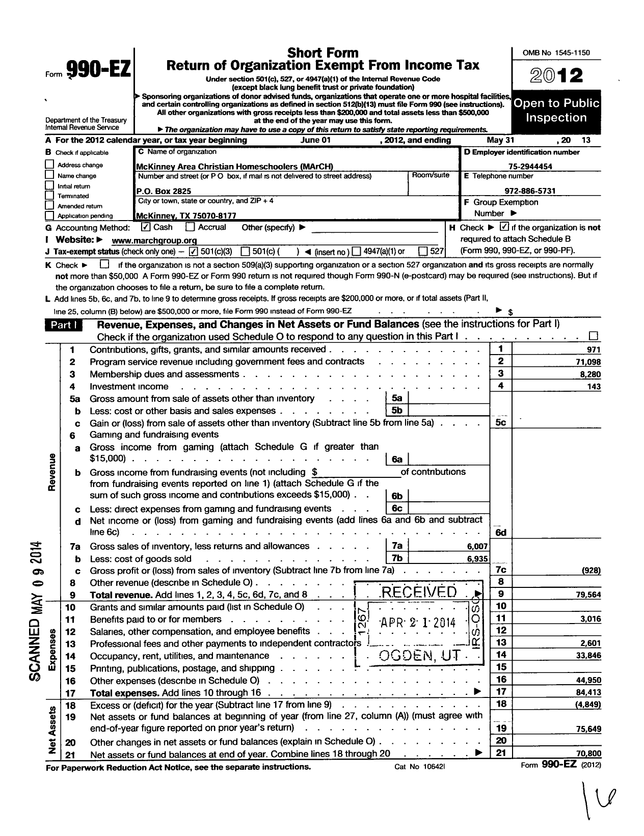 Image of first page of 2012 Form 990EZ for McKinney Area Christian Homeschoolers (MARCH)