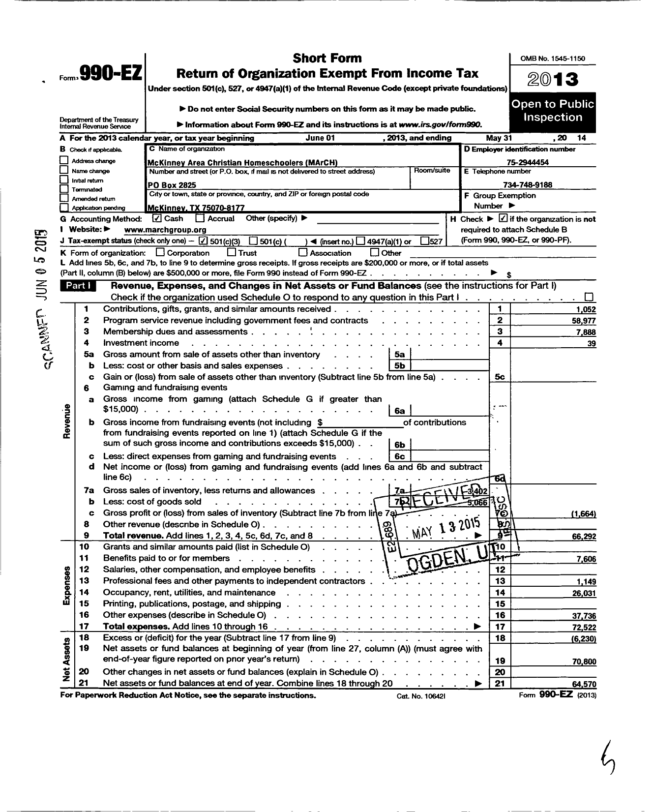 Image of first page of 2013 Form 990EZ for McKinney Area Christian Homeschoolers (MARCH)