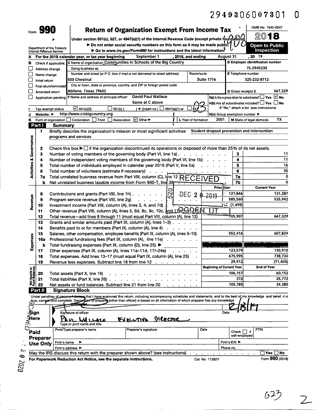 Image of first page of 2018 Form 990 for Communities in Schools of the Big Country