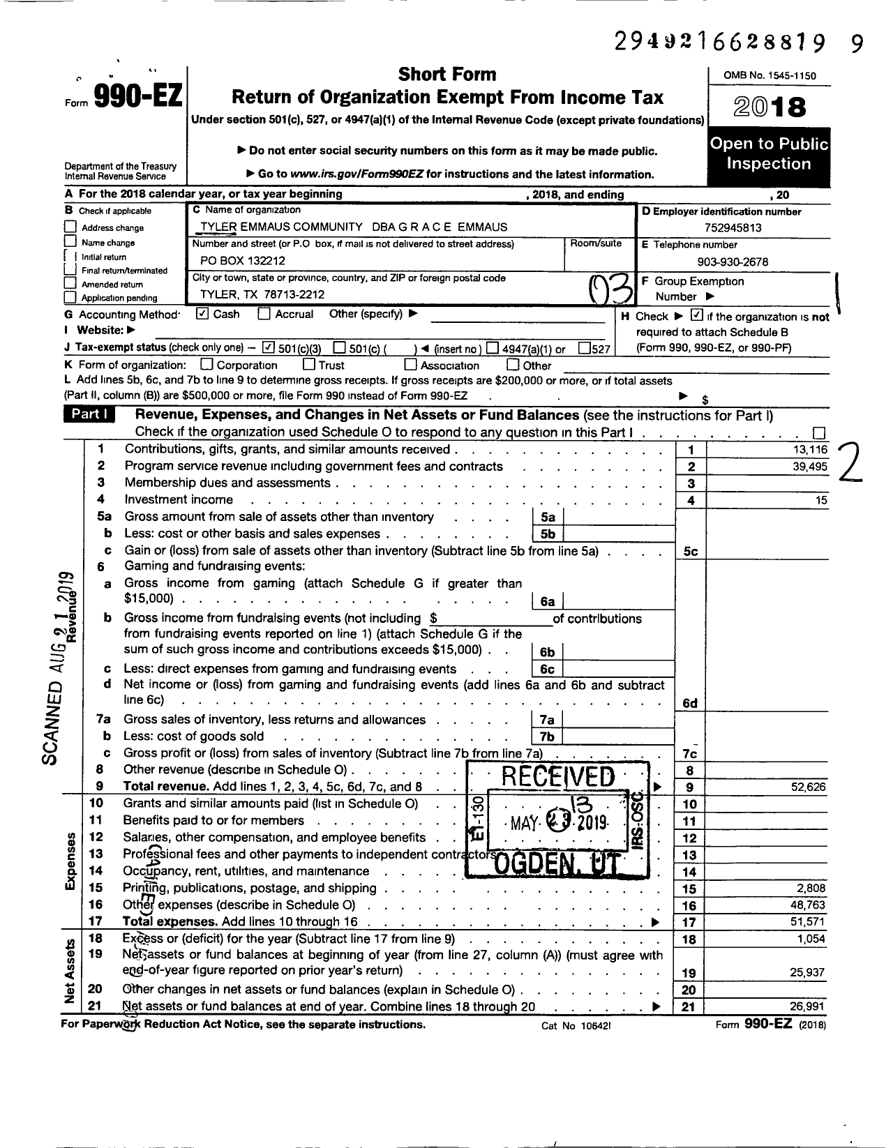 Image of first page of 2018 Form 990EZ for Tyler Emmaus Community