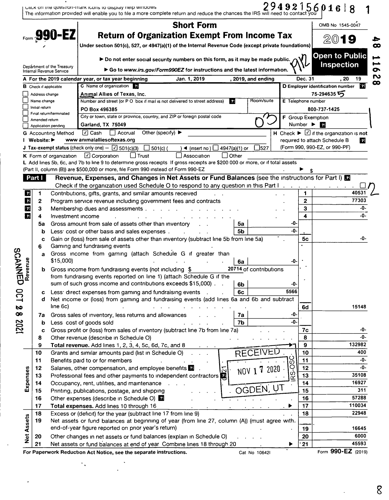 Image of first page of 2019 Form 990EZ for Animal Allies of Texas