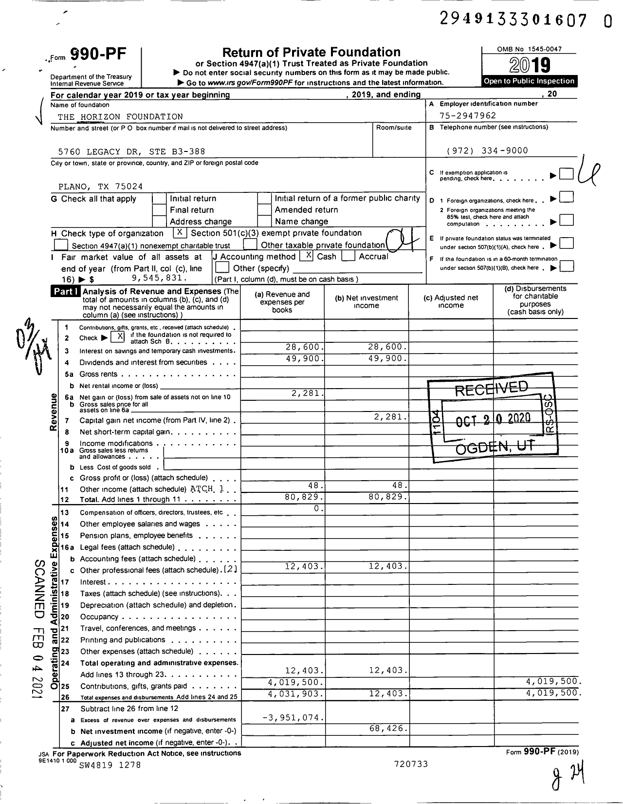 Image of first page of 2019 Form 990PF for The Horizon Foundation