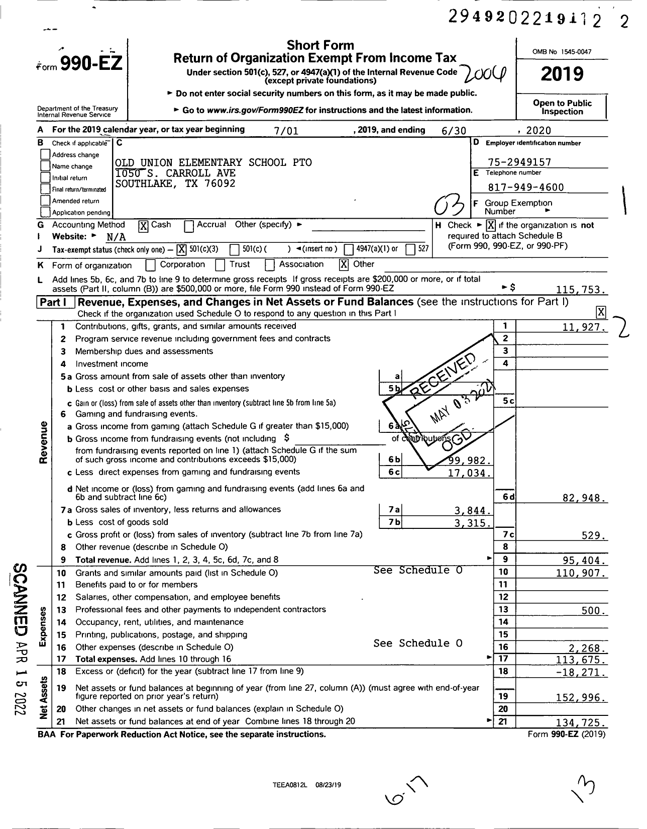 Image of first page of 2019 Form 990EZ for Old Union Elementary School Pto