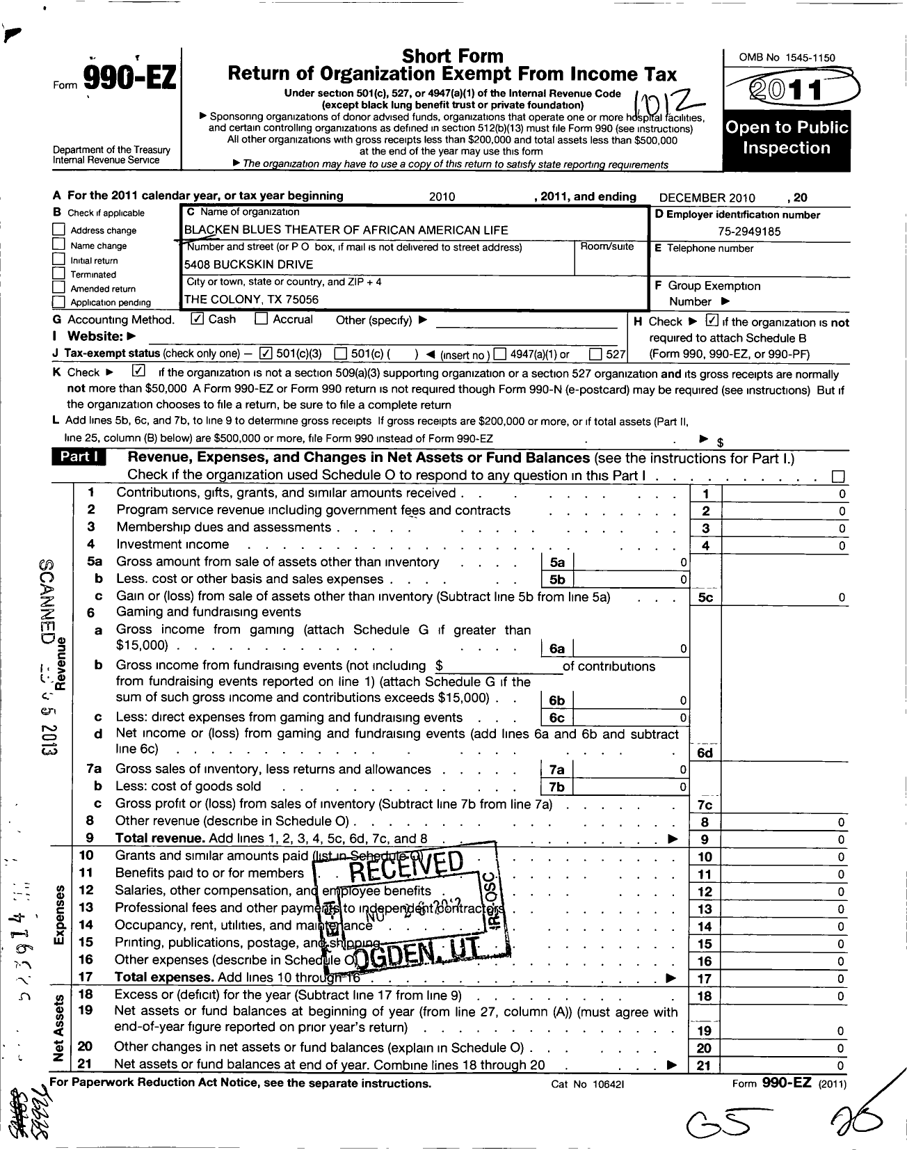 Image of first page of 2010 Form 990EZ for Blacken Blues Theater of African- American Life