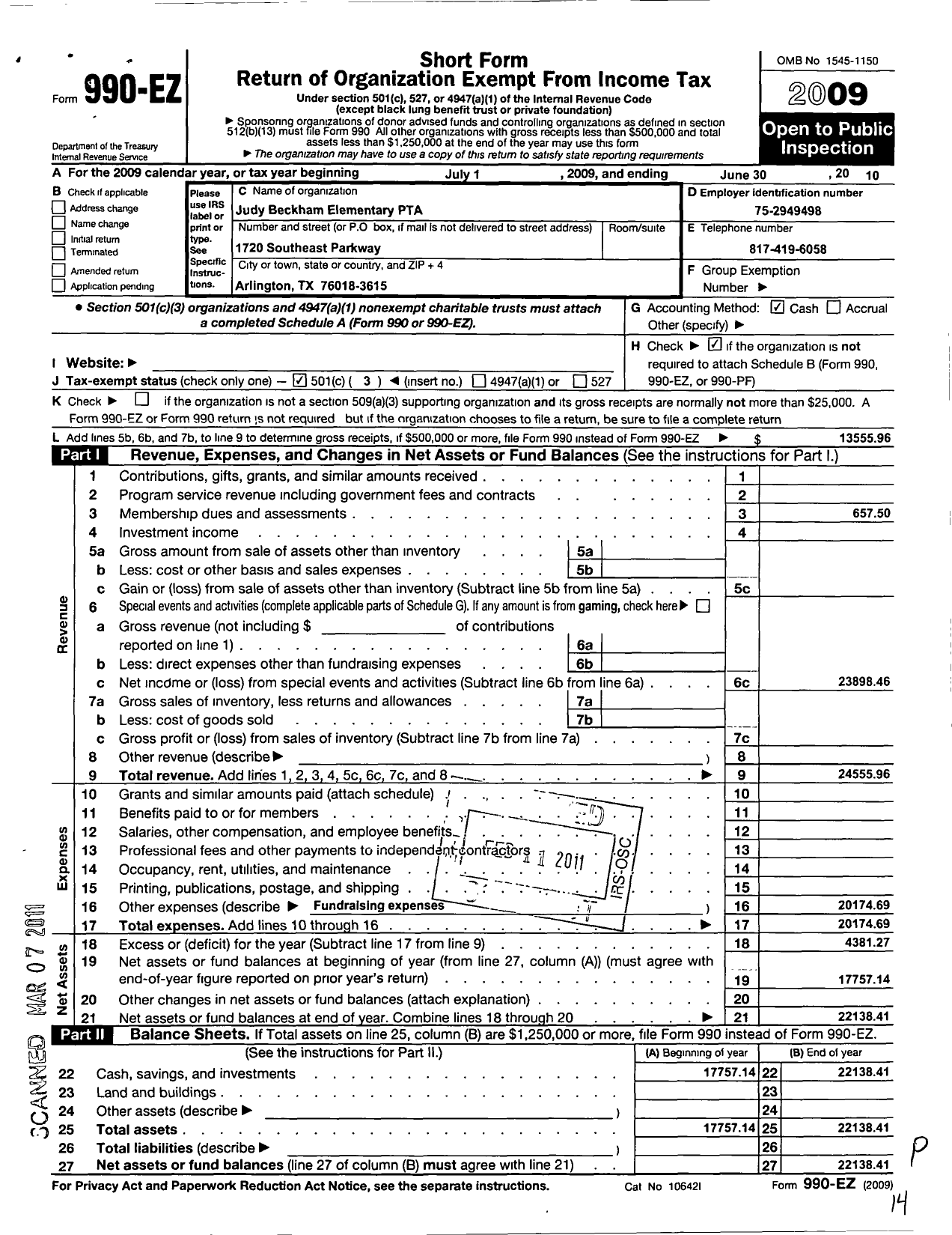 Image of first page of 2009 Form 990EZ for Texas PTA - 10121 Judy Beckham Elementary