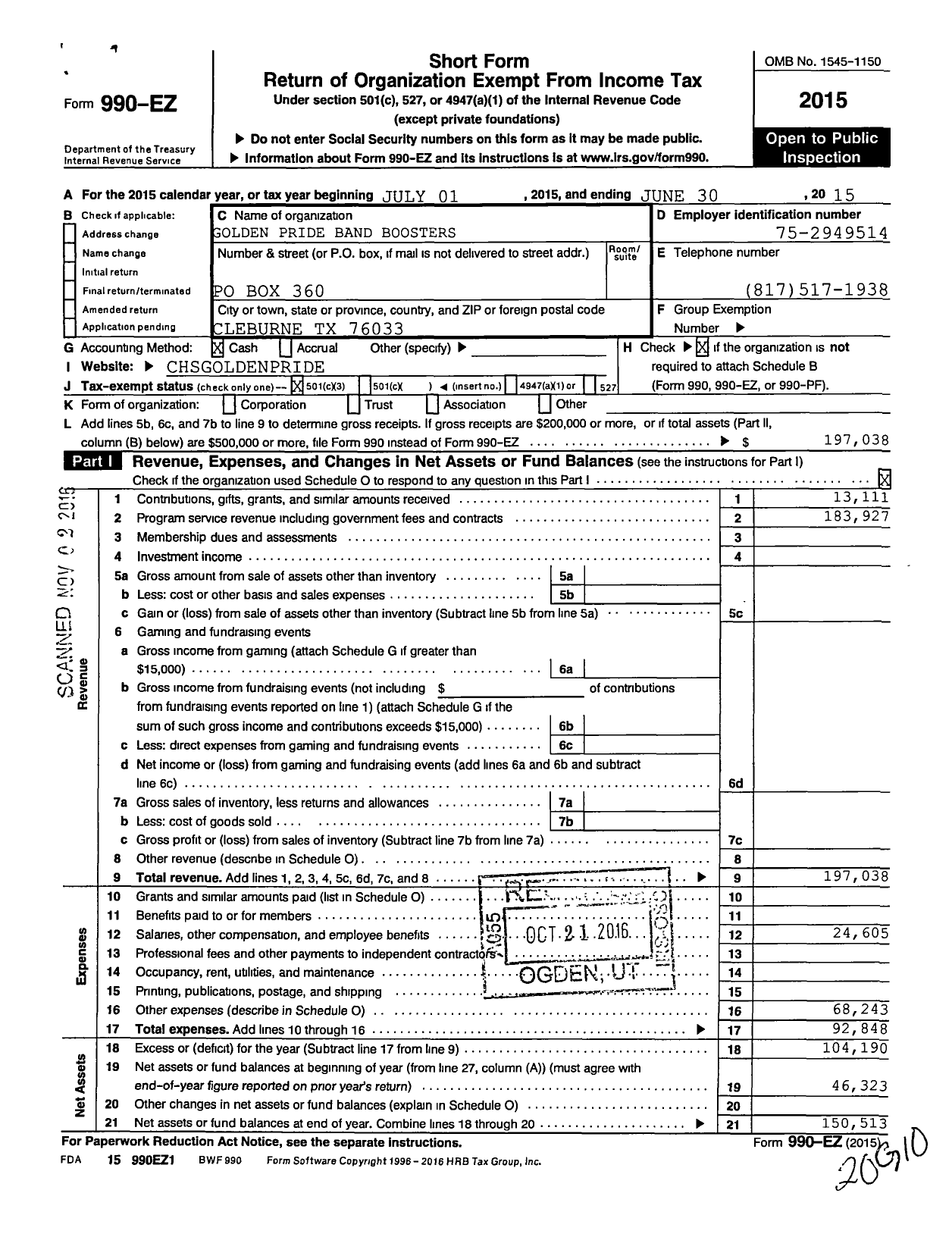 Image of first page of 2014 Form 990EZ for Golden Pride Band Boosters