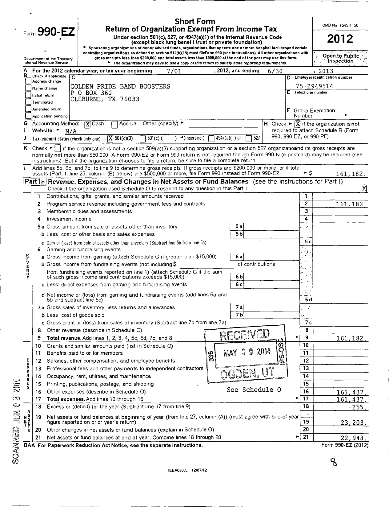 Image of first page of 2012 Form 990EZ for Golden Pride Band Boosters