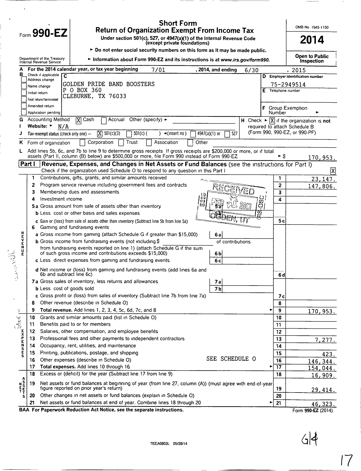 Image of first page of 2014 Form 990EZ for Golden Pride Band Boosters