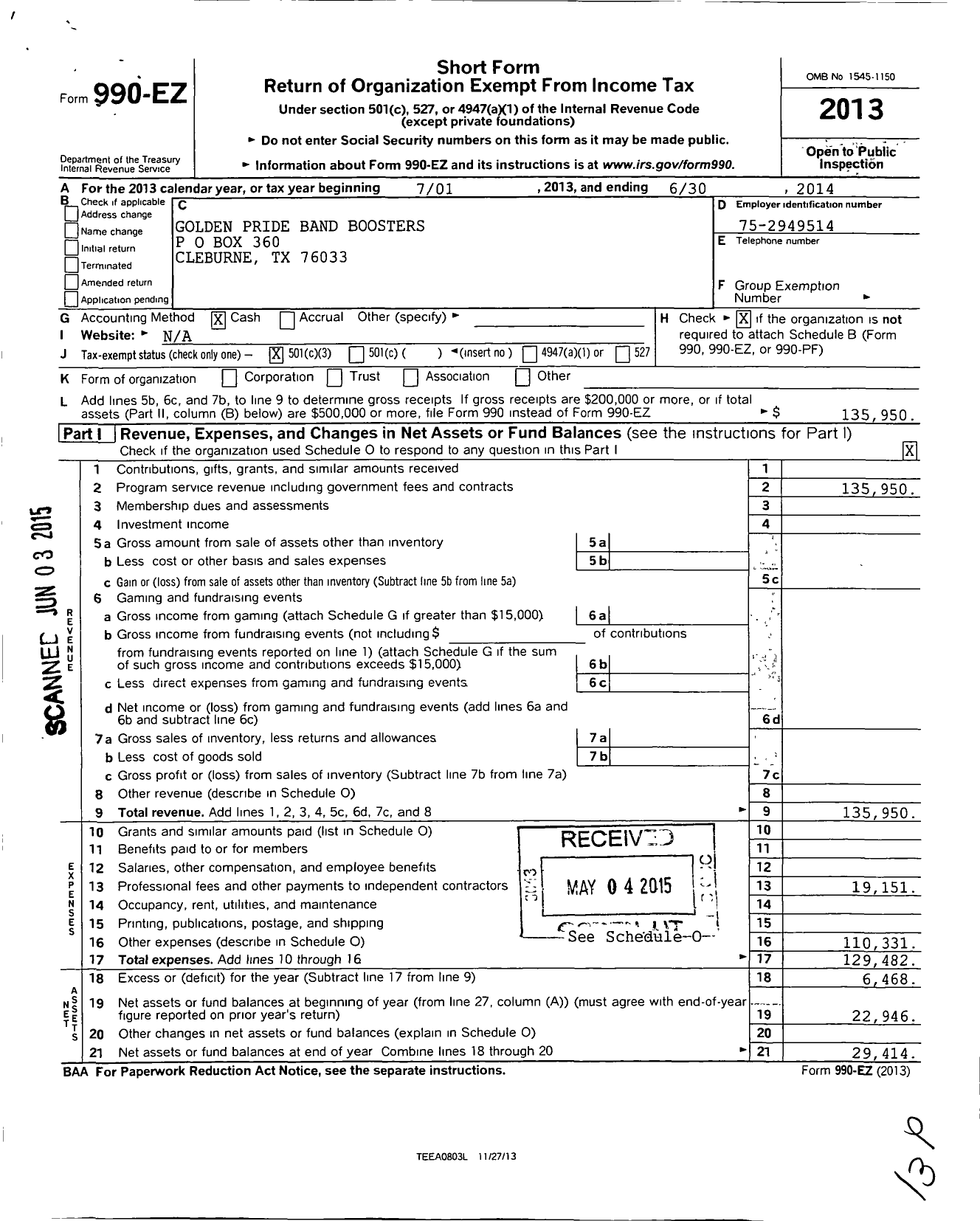 Image of first page of 2013 Form 990EZ for Golden Pride Band Boosters