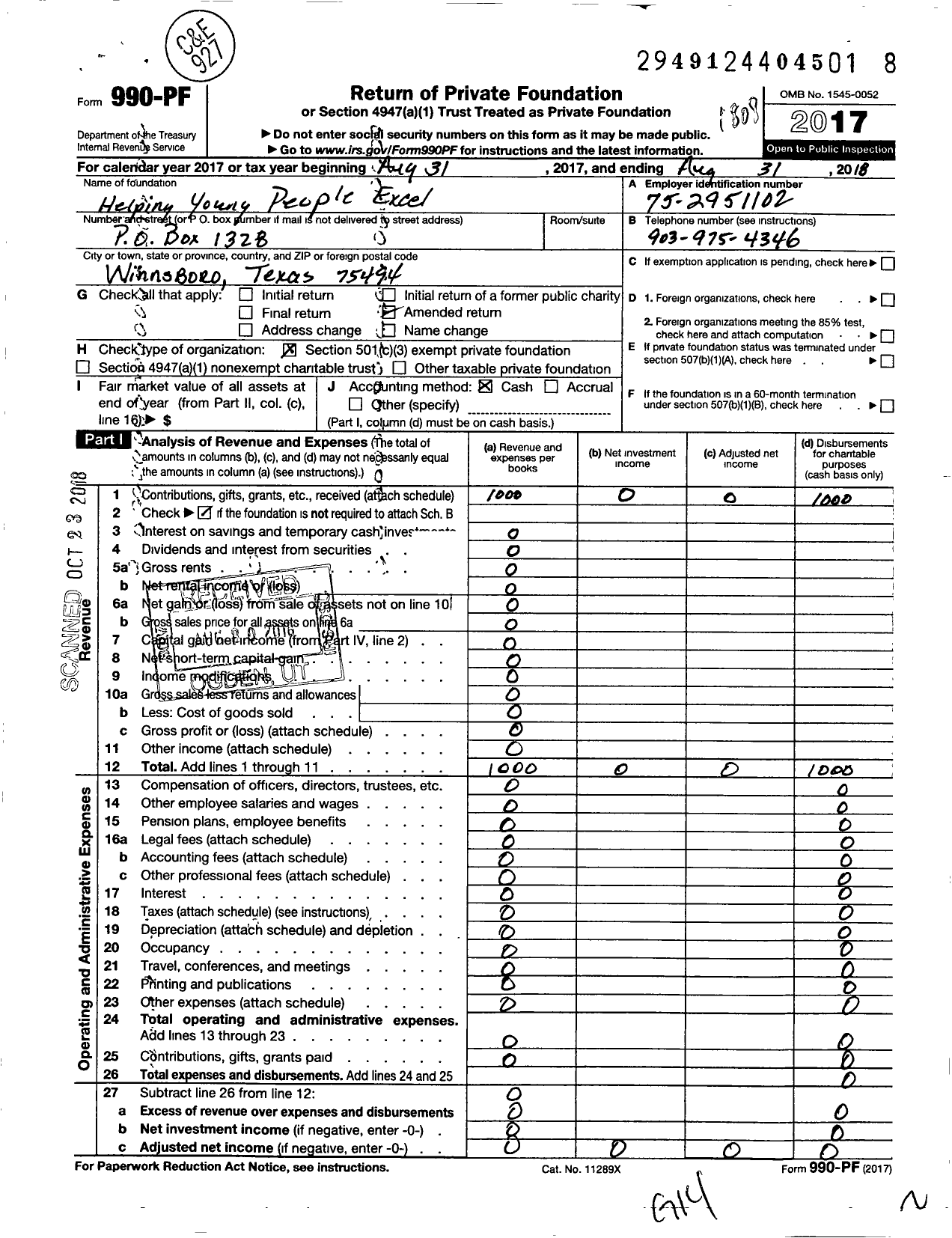 Image of first page of 2017 Form 990PF for Helping Young People Excel / Hype