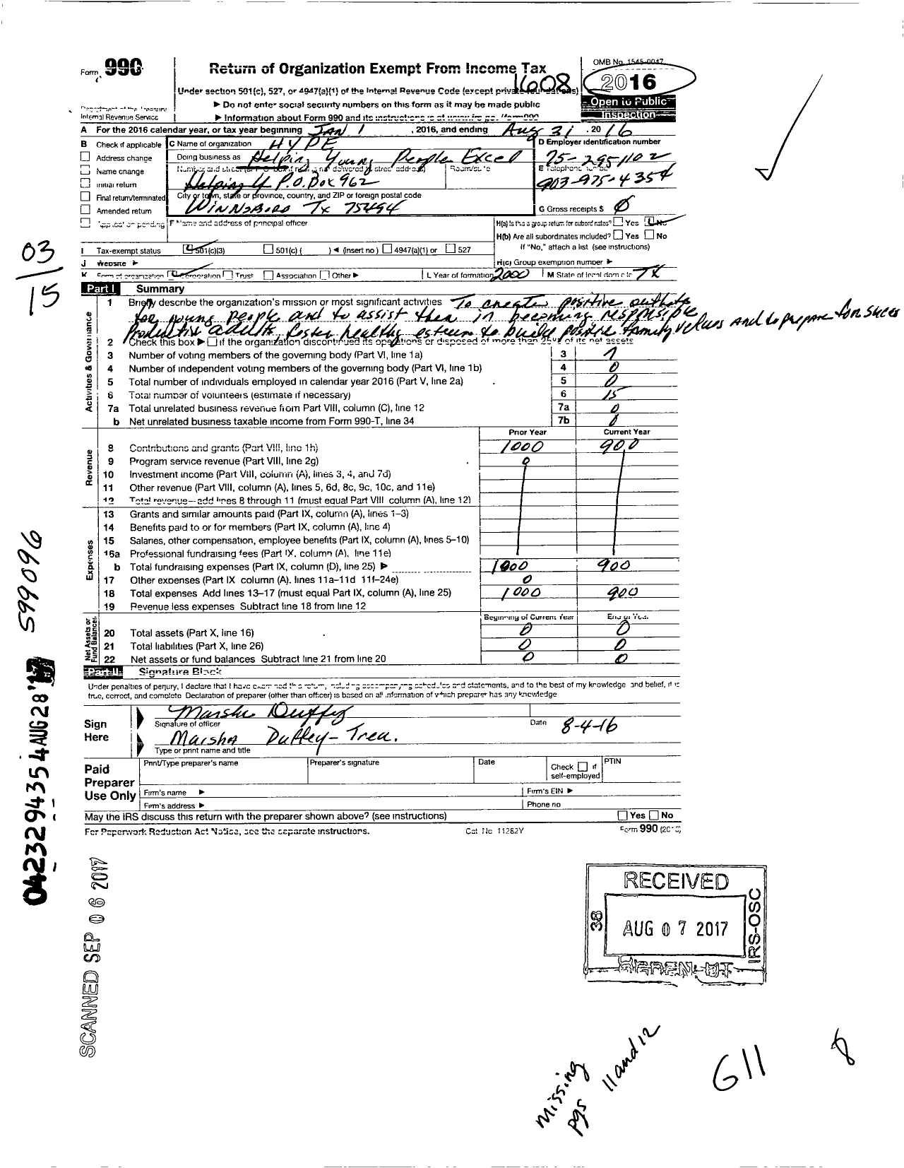 Image of first page of 2015 Form 990 for Helping Young People Excel / Hype