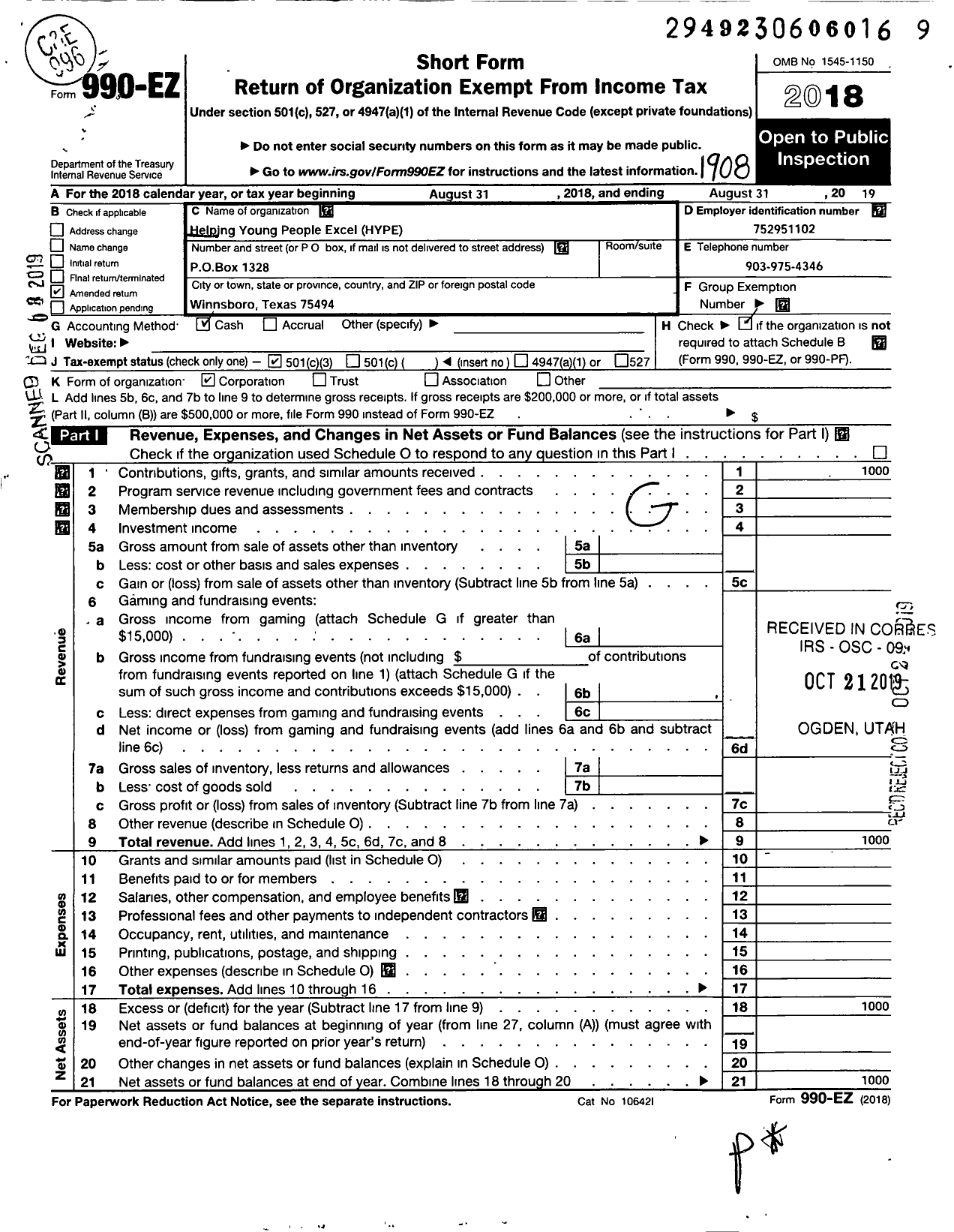 Image of first page of 2018 Form 990EZ for Helping Young People Excel / Hype