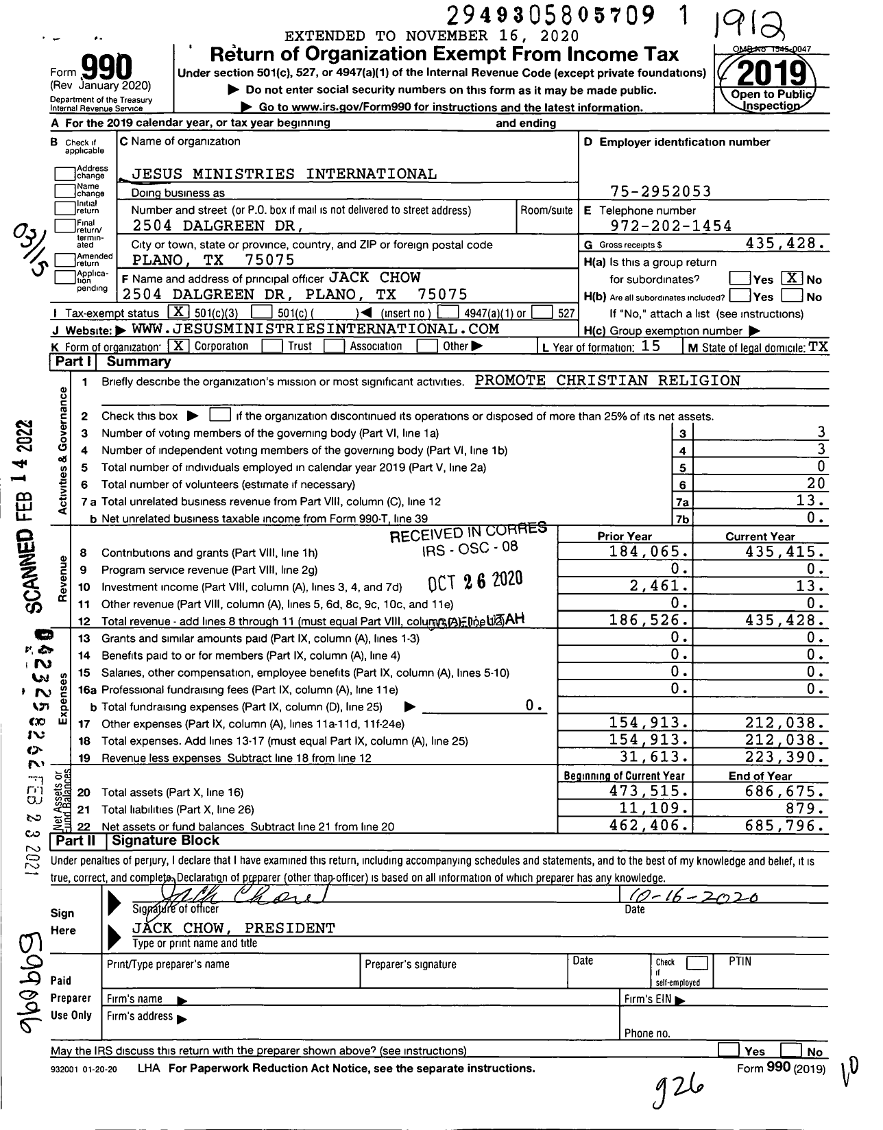 Image of first page of 2019 Form 990 for Jesus Ministries International