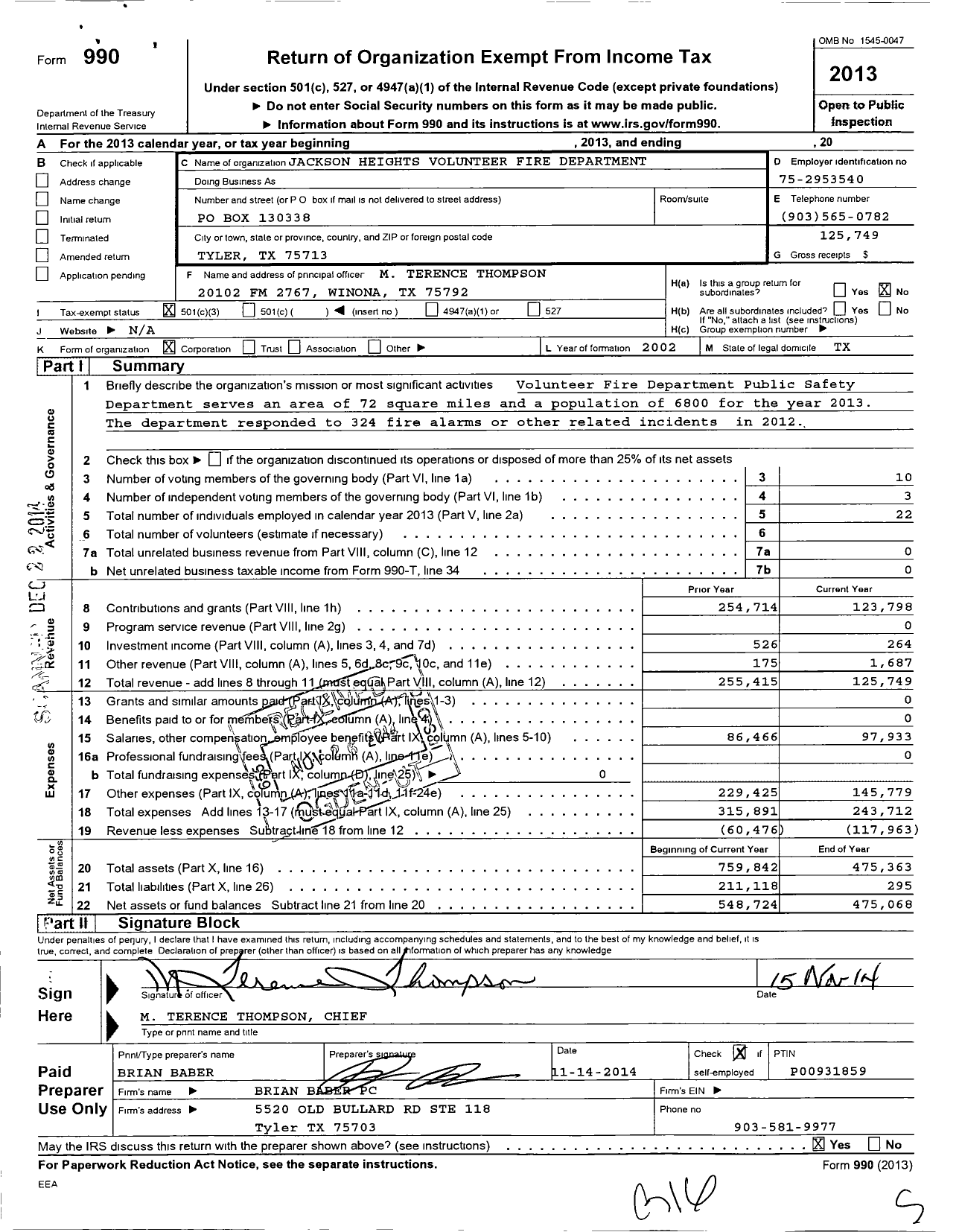 Image of first page of 2013 Form 990 for Jackson Heights Volunteer Fire Department