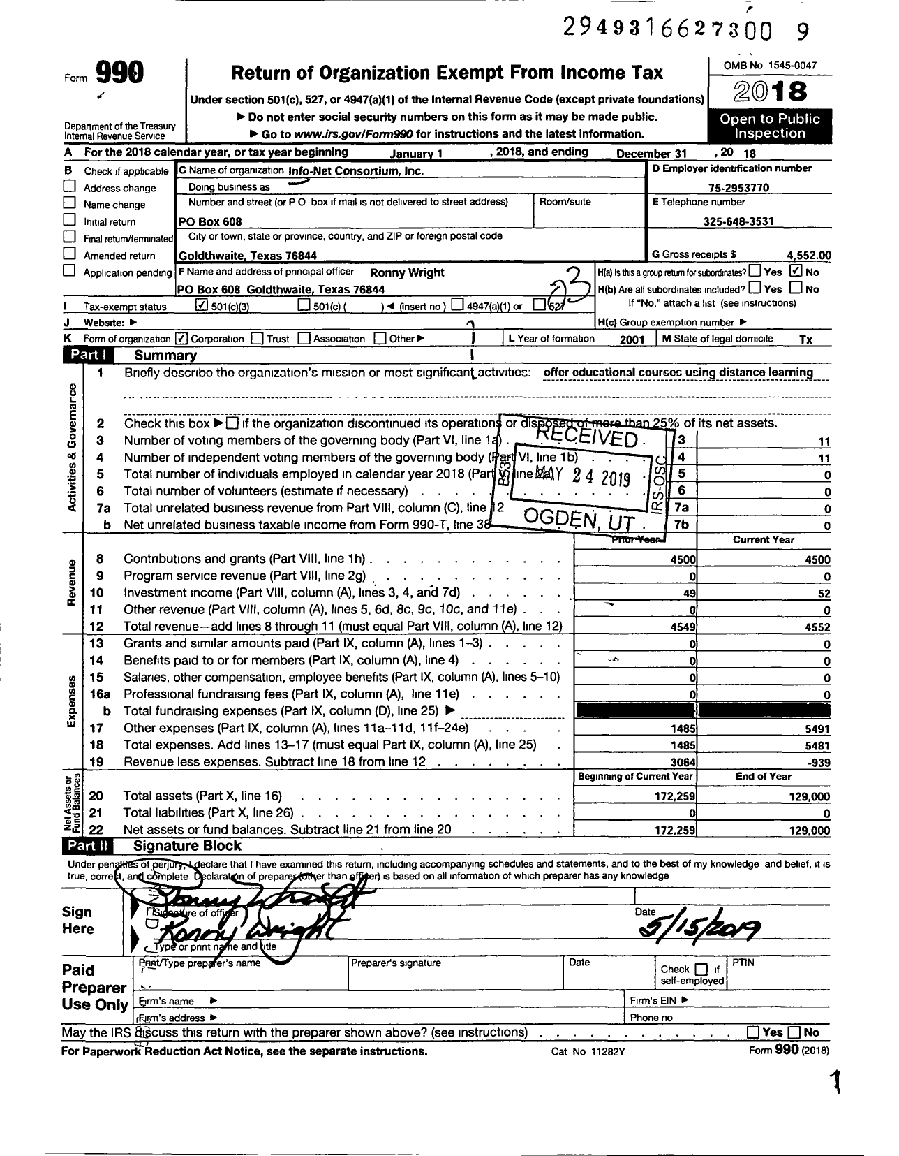 Image of first page of 2018 Form 990 for Info-Net Consortium