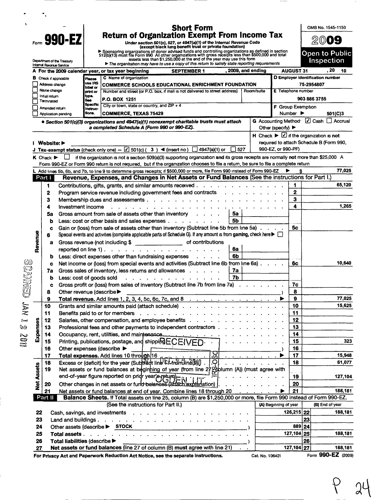 Image of first page of 2009 Form 990EZ for Commerce Schools Educational Enrichment Foundation