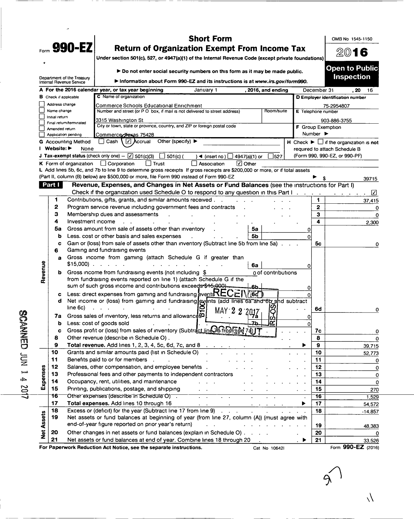 Image of first page of 2016 Form 990EZ for Commerce Schools Educational Enrichment Foundation