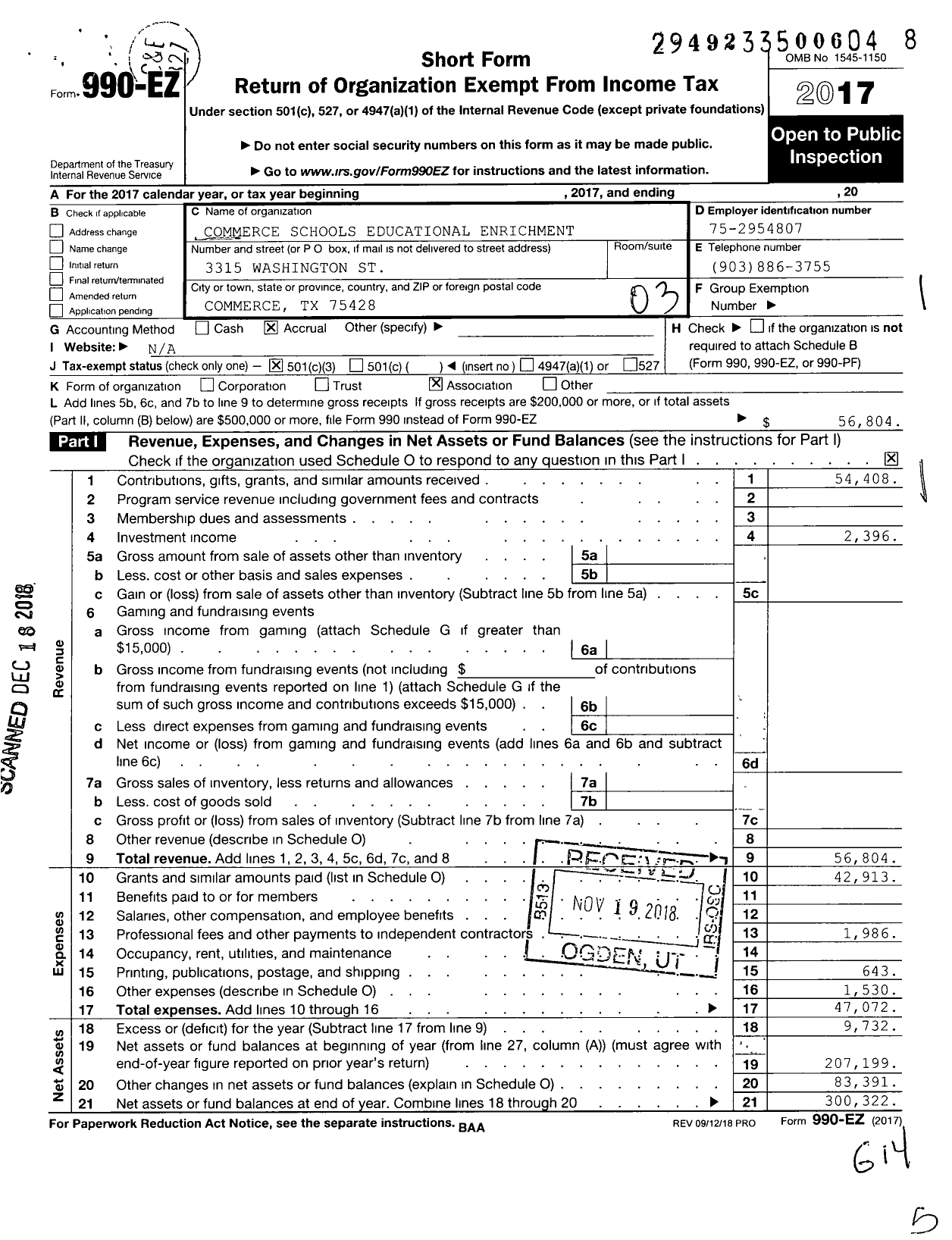Image of first page of 2017 Form 990EZ for Commerce Schools Educational Enrichment Foundation