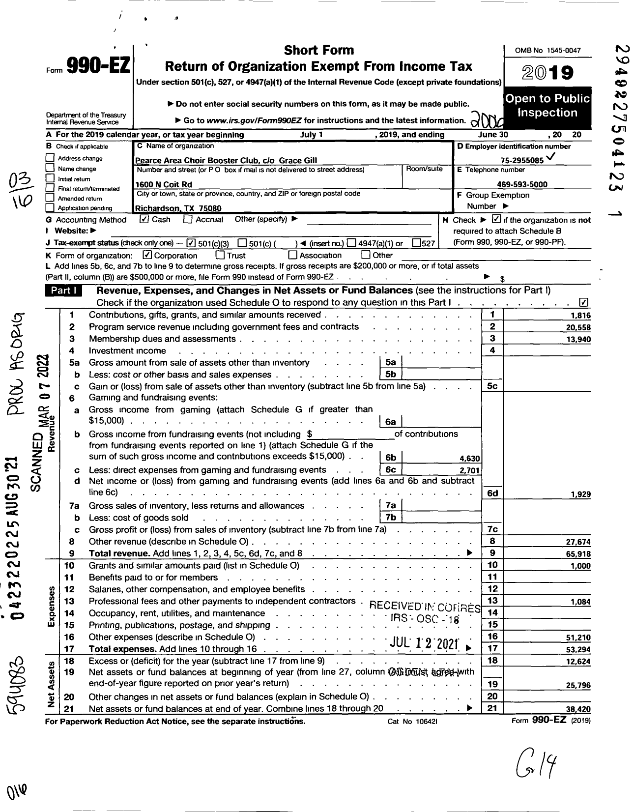 Image of first page of 2019 Form 990EZ for Pearce Area Choir Booster Club