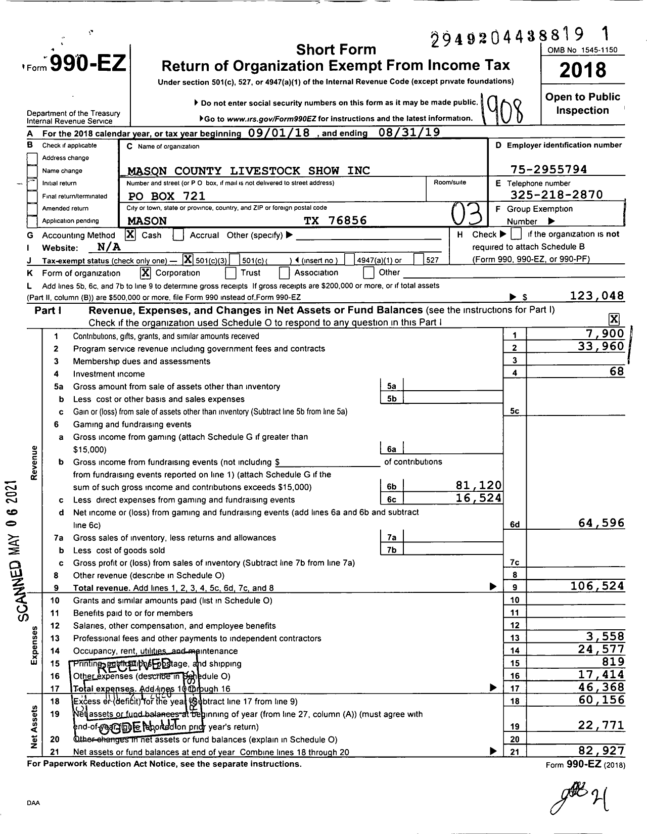 Image of first page of 2018 Form 990EZ for Mason County Livestock Show