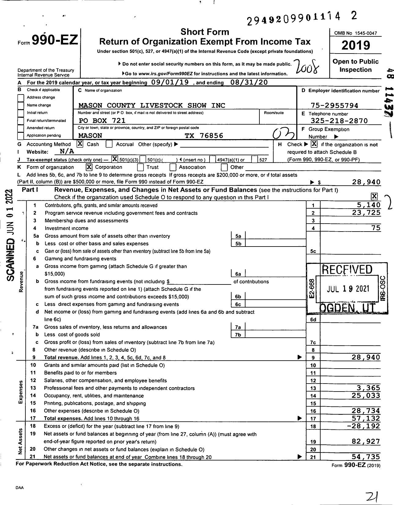 Image of first page of 2019 Form 990EZ for Mason County Livestock Show