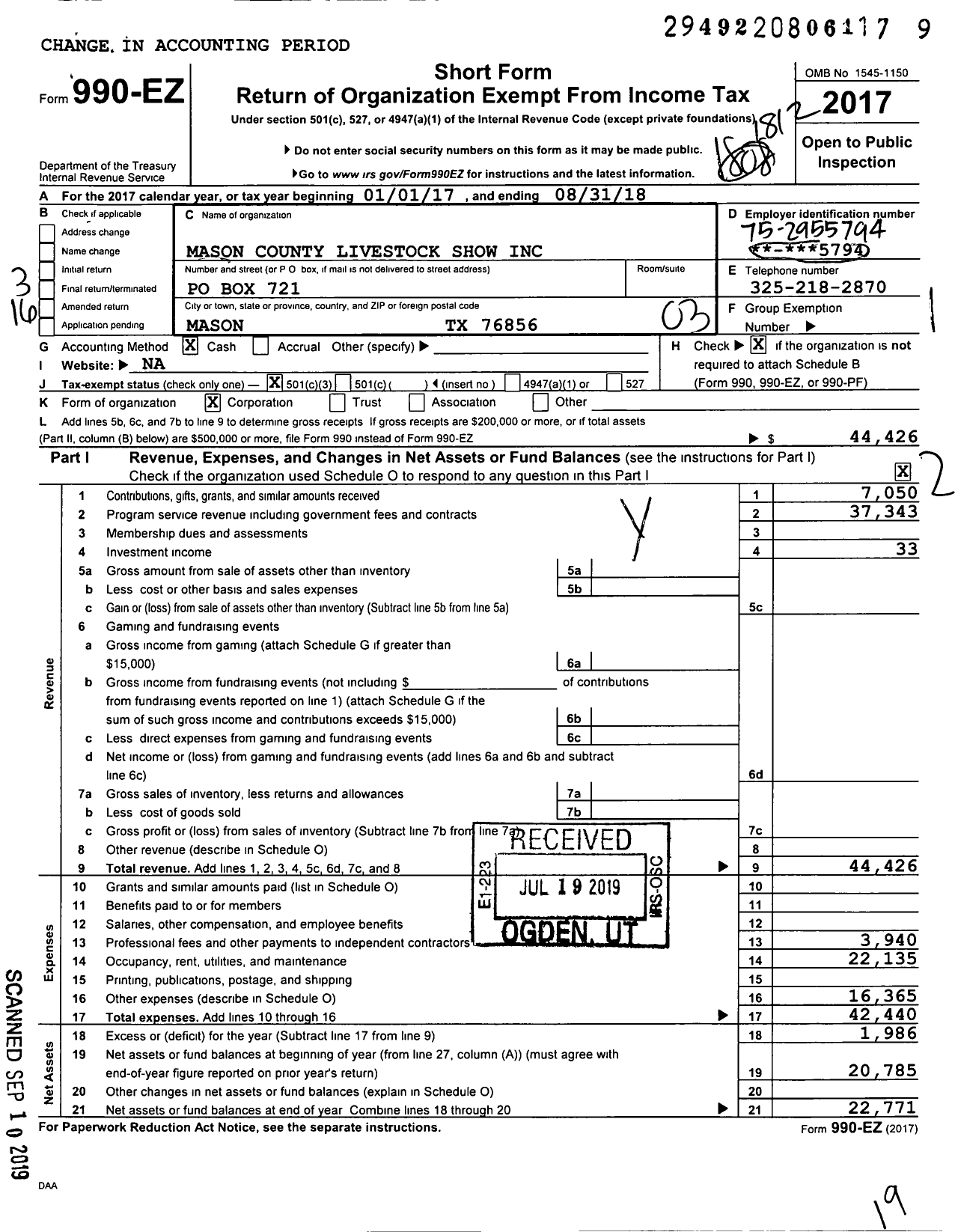 Image of first page of 2018 Form 990EZ for Mason County Livestock Show