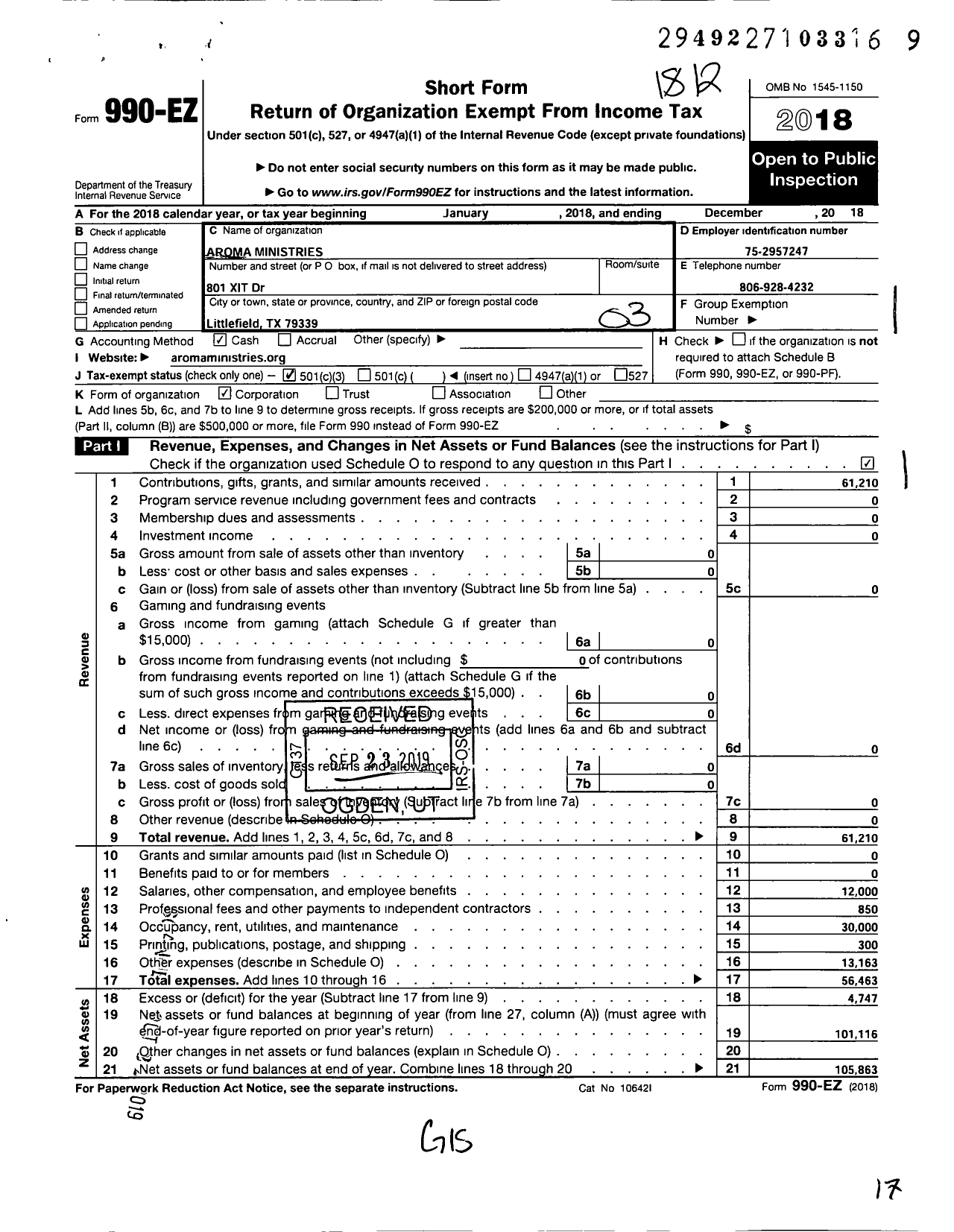 Image of first page of 2018 Form 990EZ for Aroma Ministries