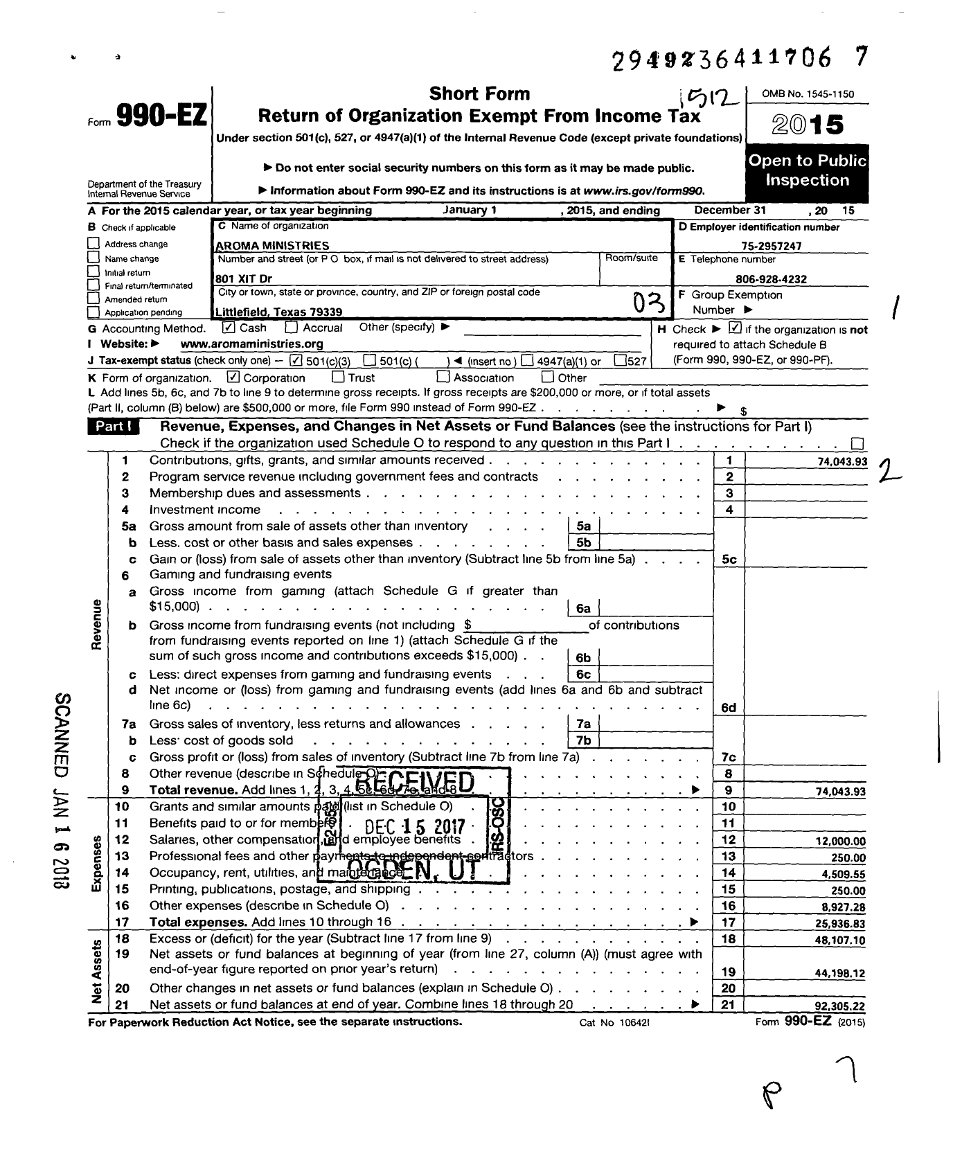 Image of first page of 2015 Form 990EZ for Aroma Ministries