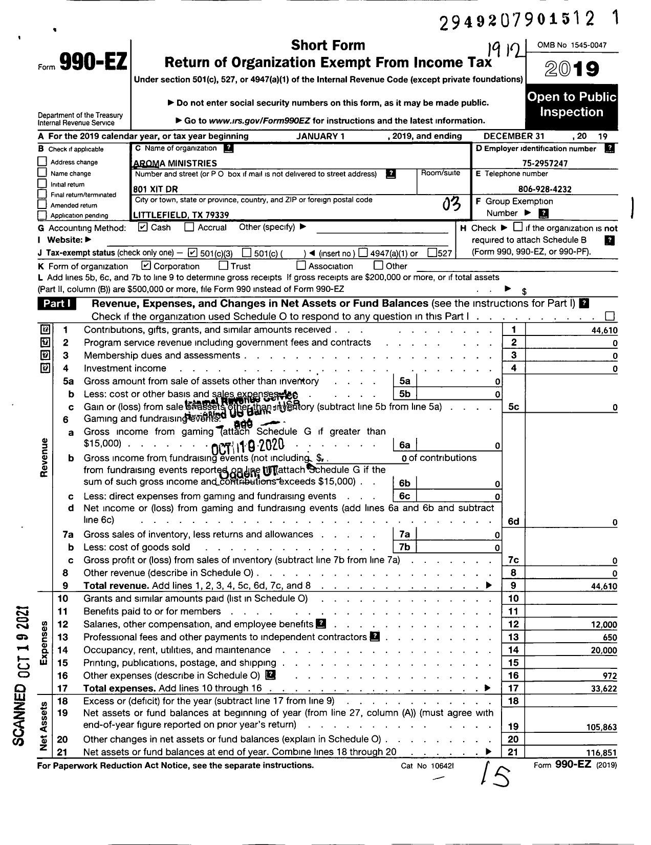 Image of first page of 2019 Form 990EZ for Aroma Ministries