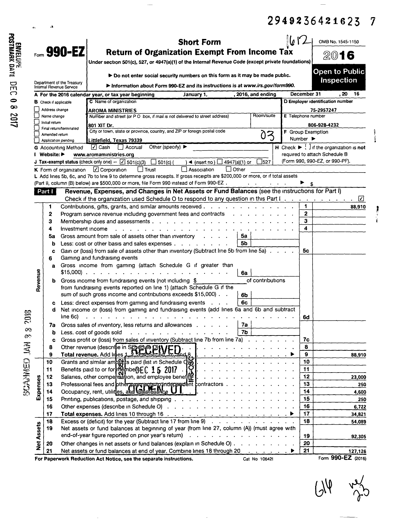 Image of first page of 2016 Form 990EZ for Aroma Ministries