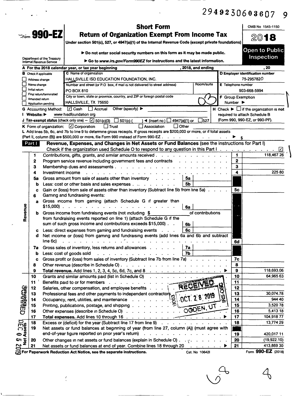 Image of first page of 2018 Form 990EZ for Hallsville Isd Education Foundation