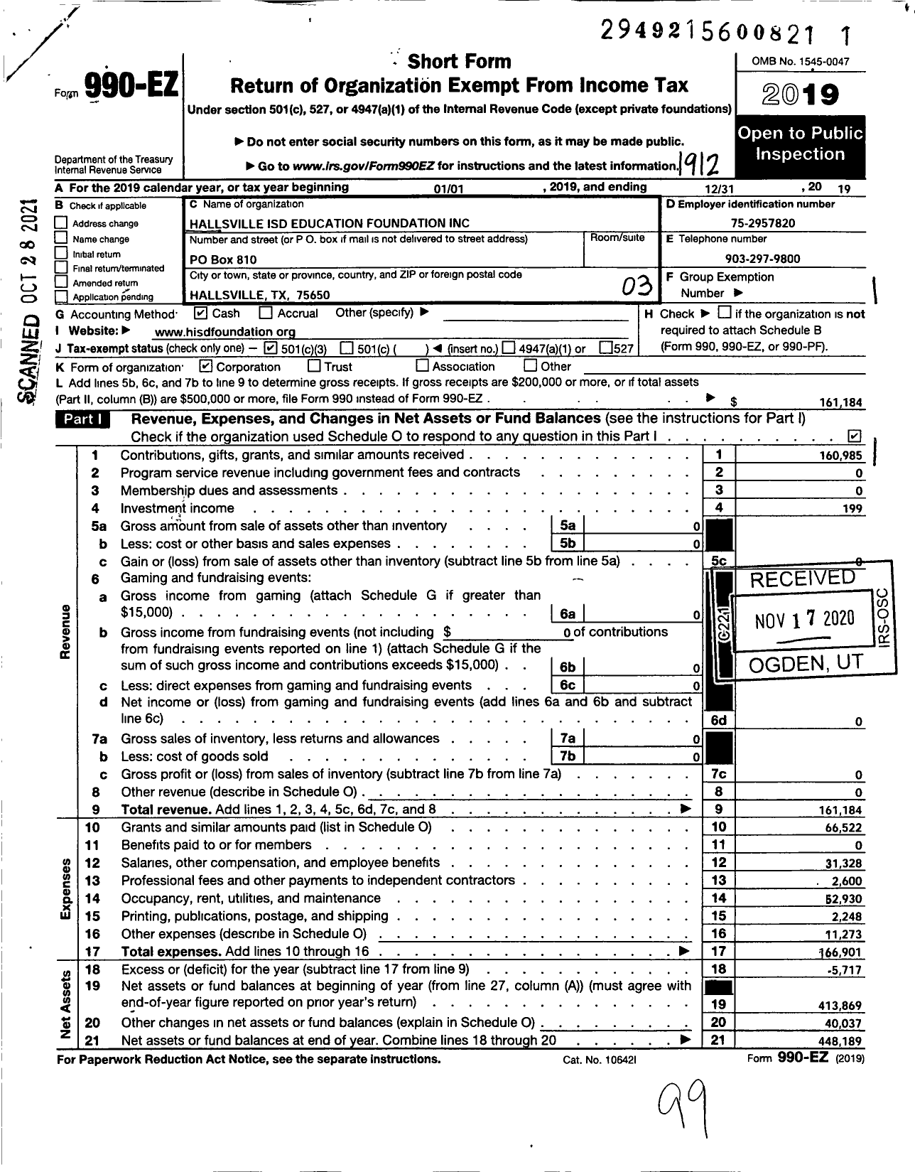 Image of first page of 2019 Form 990EZ for Hallsville Isd Education Foundation