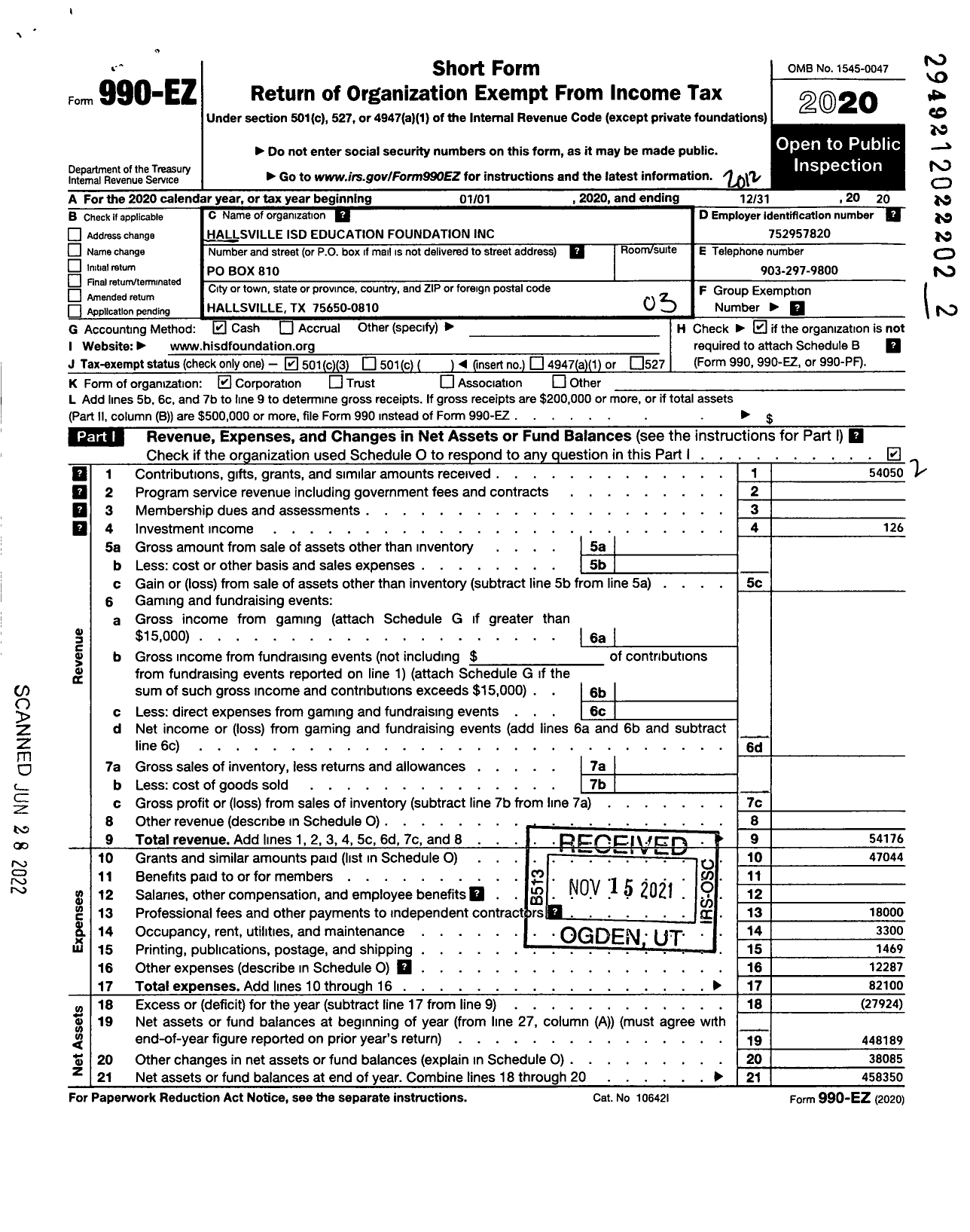 Image of first page of 2020 Form 990EZ for Hallsville Isd Education Foundation