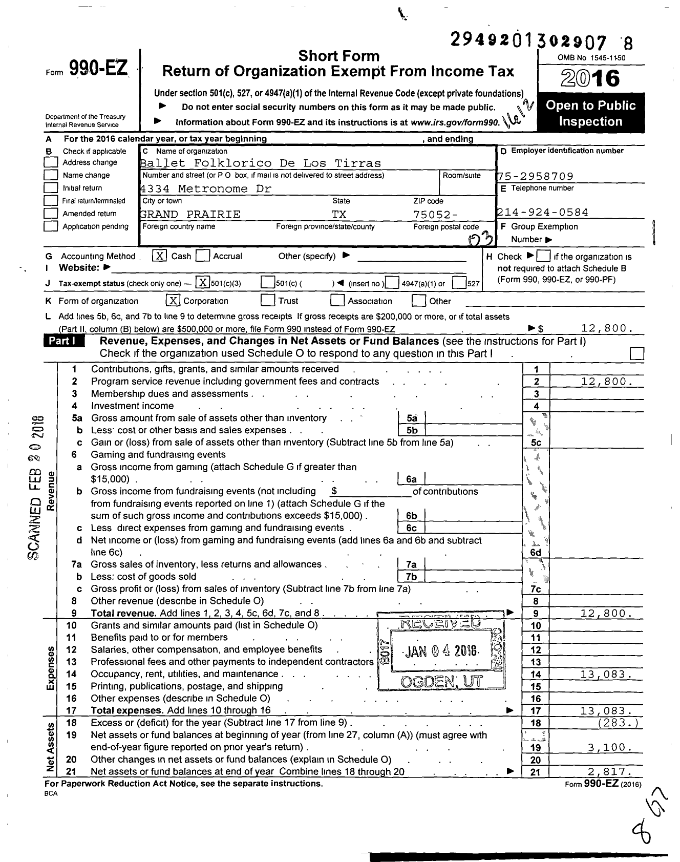 Image of first page of 2016 Form 990EZ for Ballet Folklorico de Los Tirras