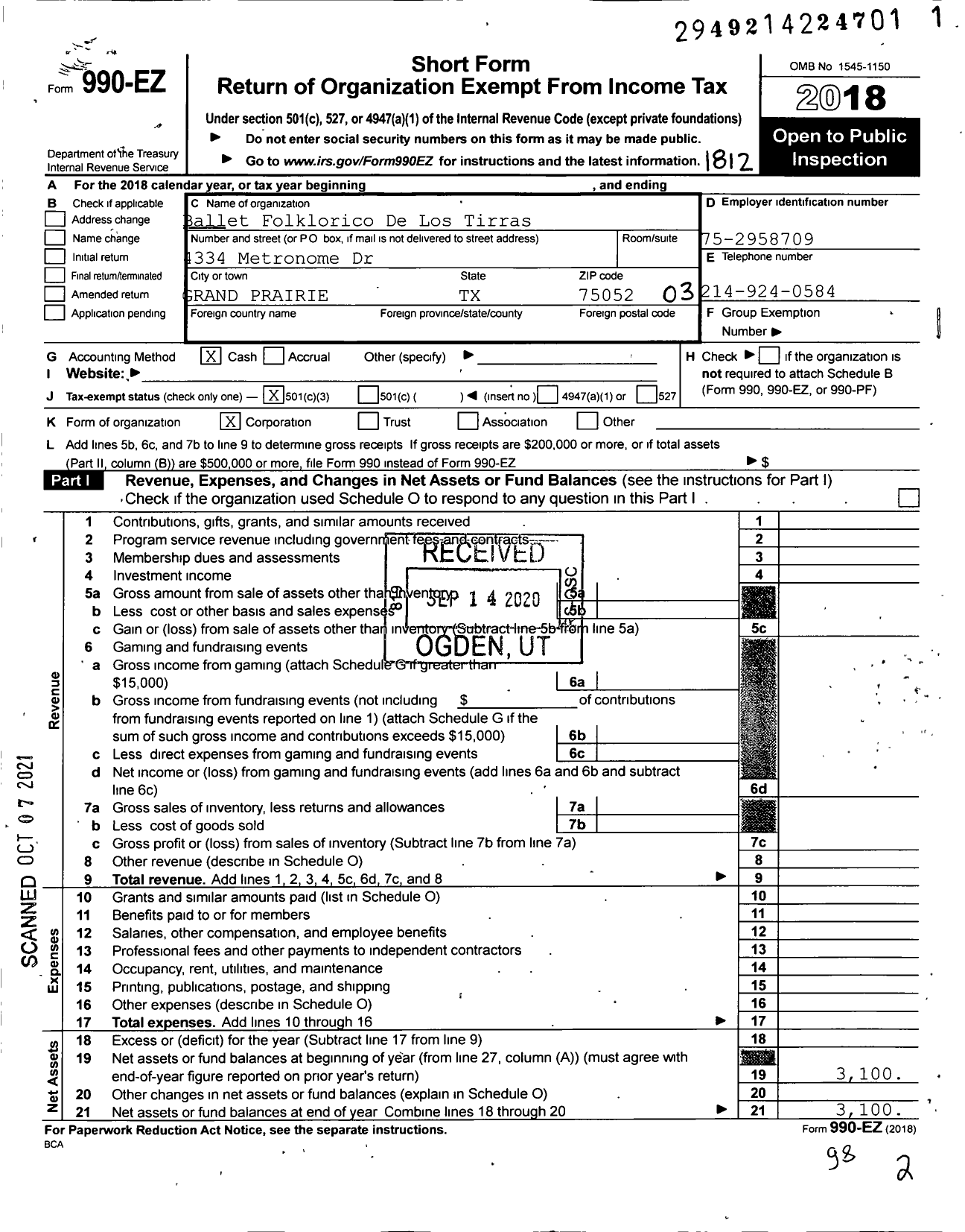 Image of first page of 2018 Form 990EZ for Ballet Folklorico de Los Tirras