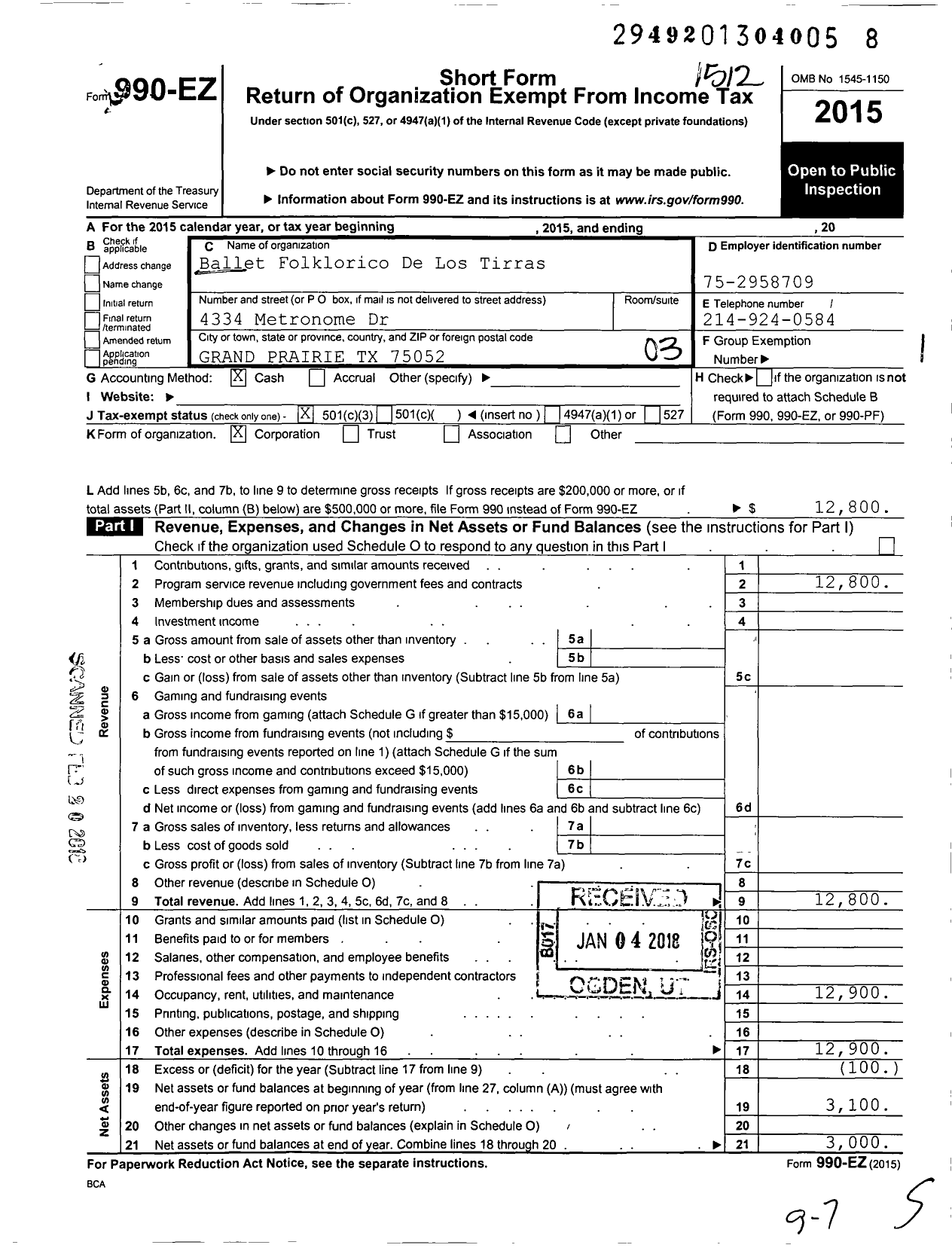 Image of first page of 2015 Form 990EZ for Ballet Folklorico de Los Tirras