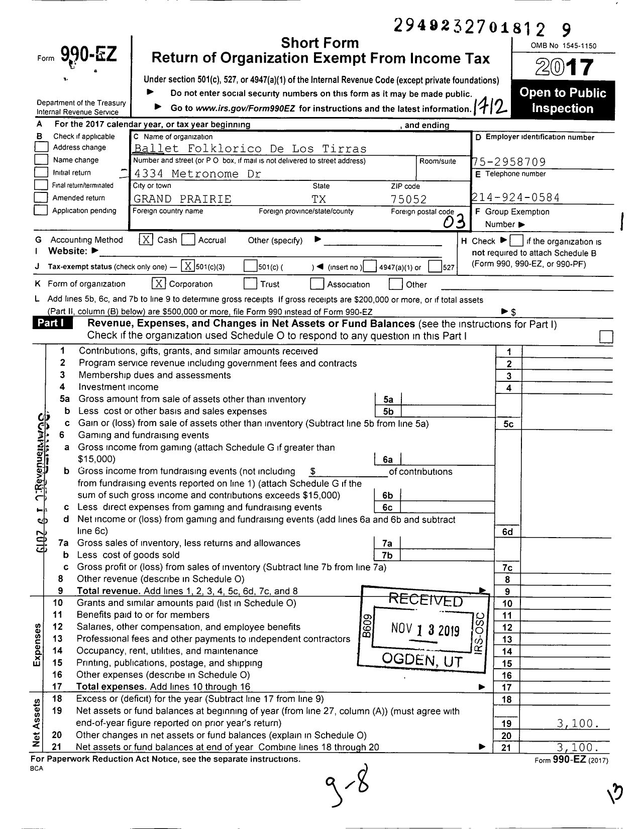 Image of first page of 2017 Form 990EZ for Ballet Folklorico de Los Tirras