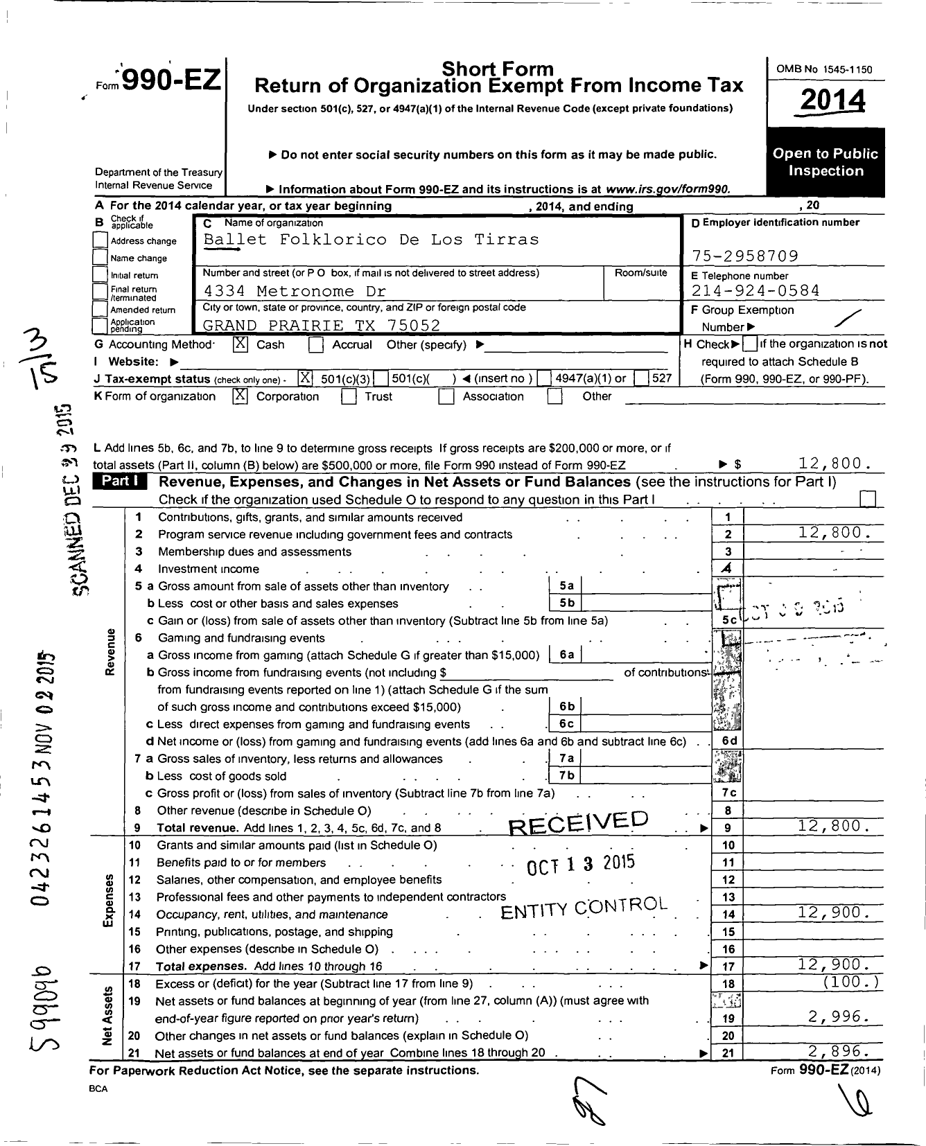 Image of first page of 2014 Form 990EZ for Ballet Folklorico de Los Tirras