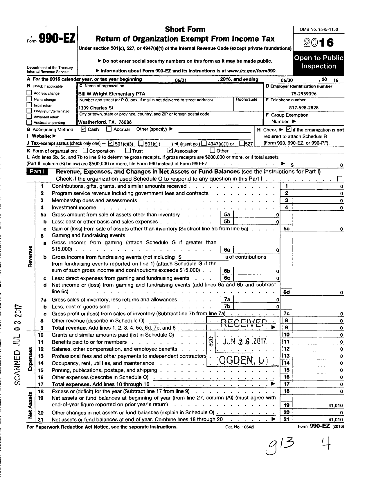 Image of first page of 2015 Form 990EZ for Texas PTA - 10141 Bill Wright Elementary